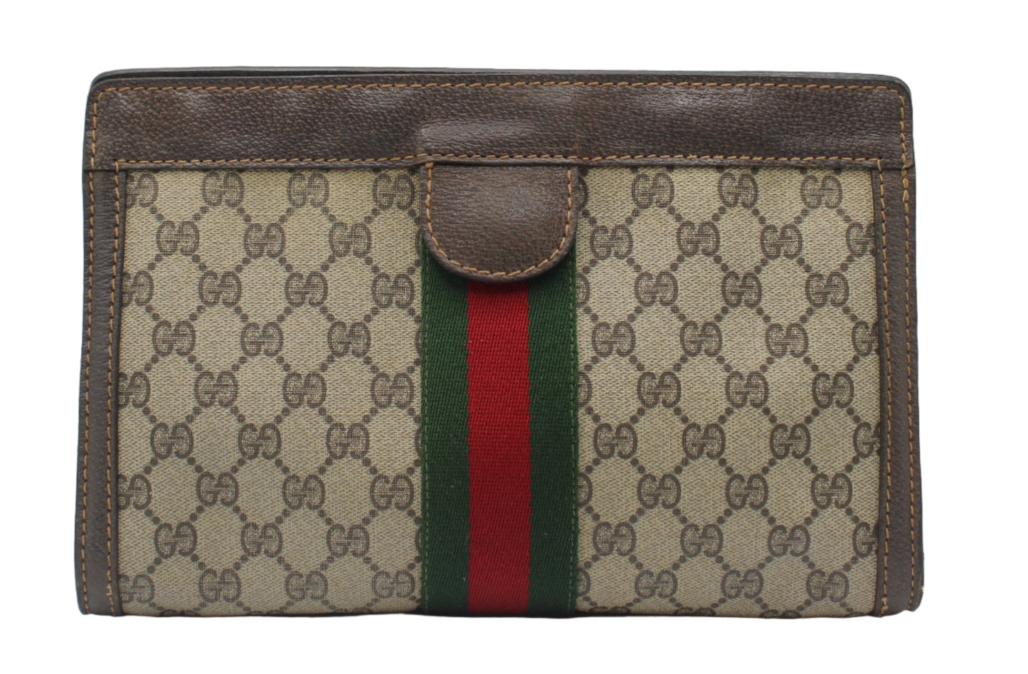 Gucci Beige GG Canvas Brown Leather Stripe Clutch Bag Designer wallet with patterned design and red and green stripe on a white background