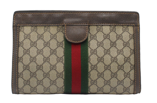 Gucci Beige GG Canvas Brown Leather Stripe Clutch Bag Designer wallet with patterned design and red and green stripe on a white background