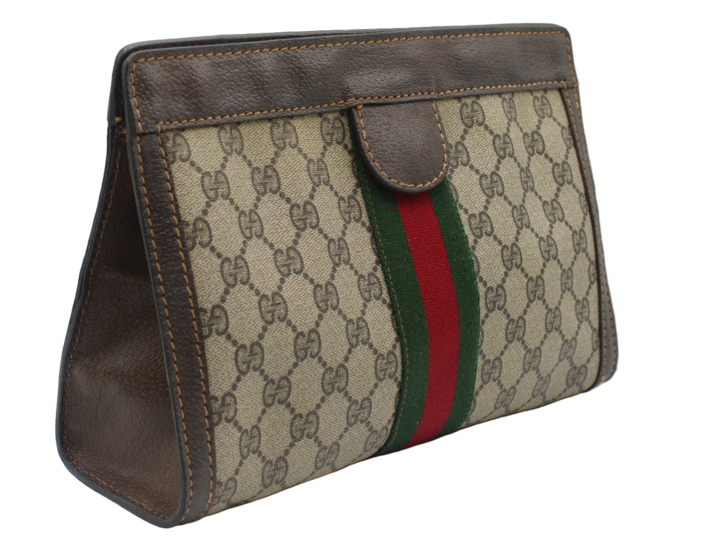 Gucci handbag with monogram pattern and red and green stripe on a white background
