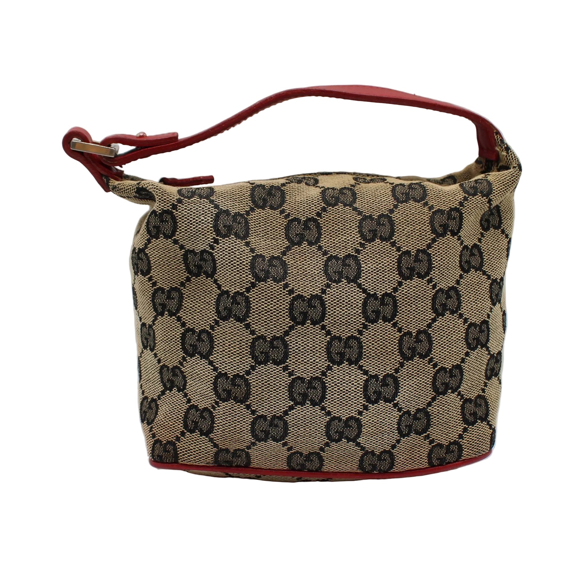 Gucci Beige GG Canvas Red Leather Single Handle Pouch Bag Beige handbag with black pattern and red accents on a white background