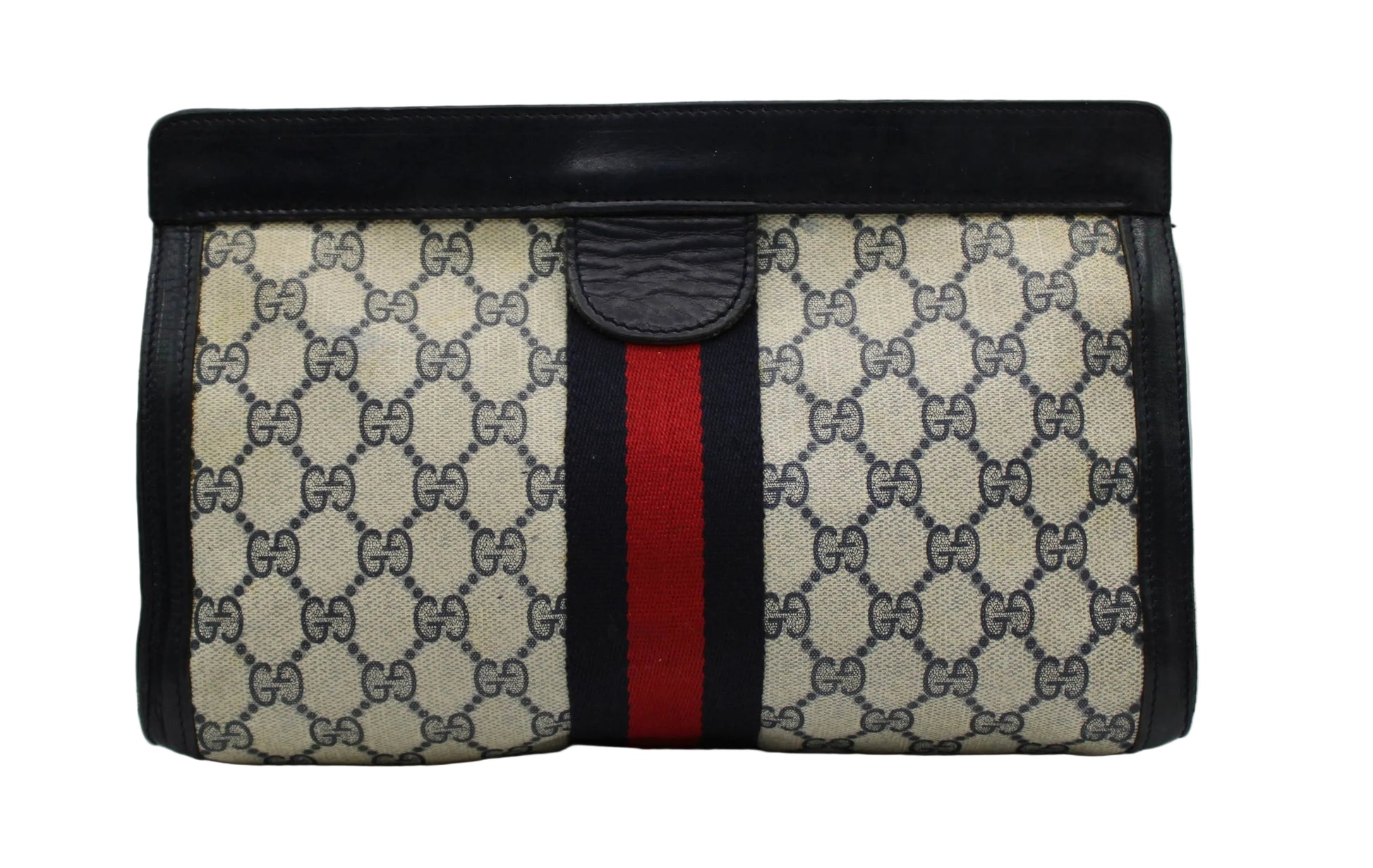 Gucci Beige GG Supreme Web Stripe Leather Clutch Designer handbag with monogram pattern and red stripe on a gray background