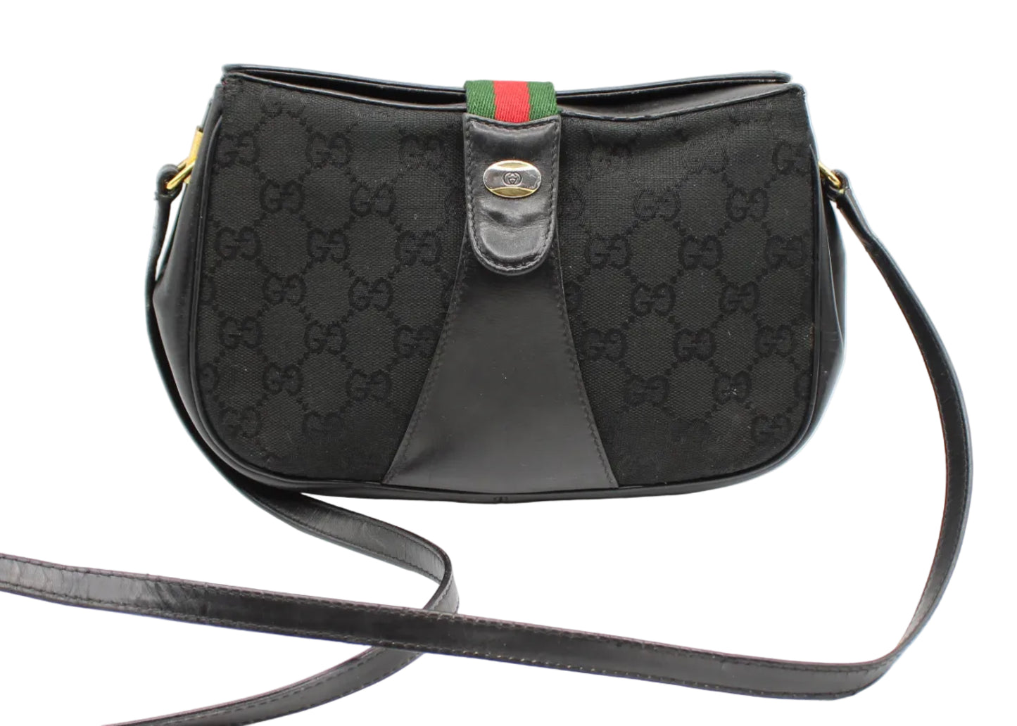 Gucci Black GG Canvas Leather Trim Crossbody Bag Black Gucci handbag with signature pattern on a white background