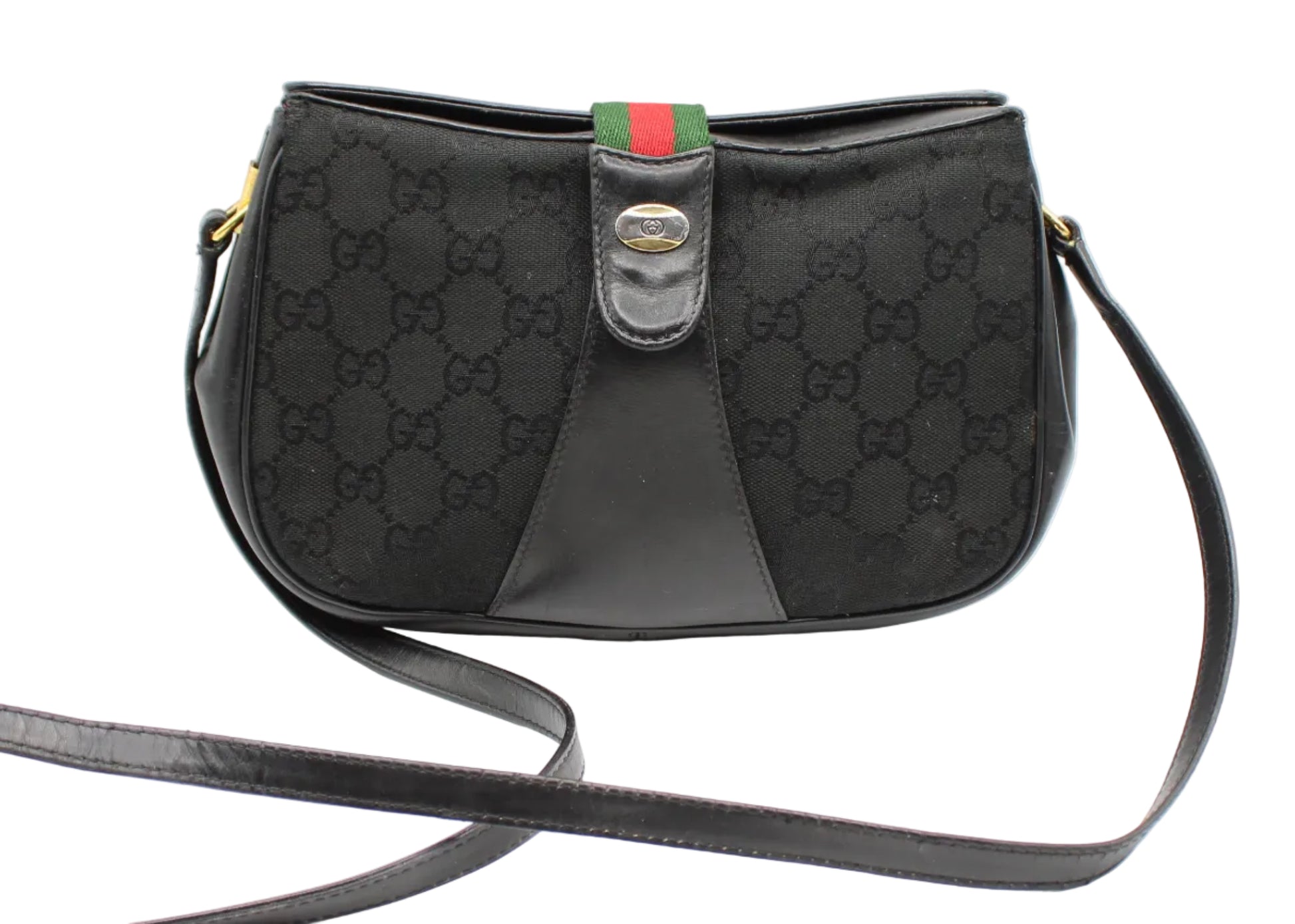 Gucci Black GG Canvas Leather Trim Crossbody Bag Black Gucci handbag with signature pattern on a white background