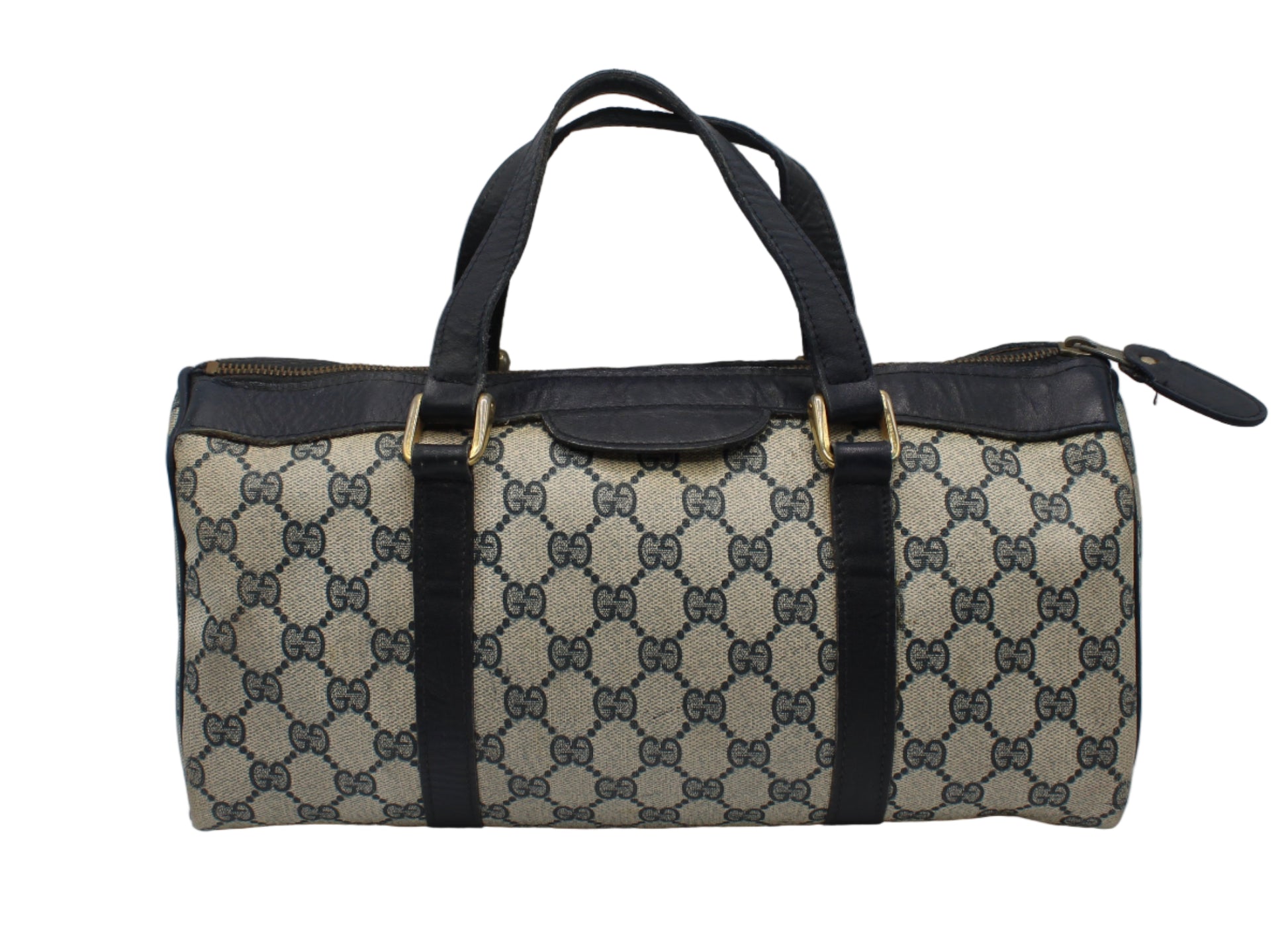 Gucci Blue GG Canvas And Navy Leather Mini Boston Bag Designer handbag with patterned fabric and black accents on a gray background