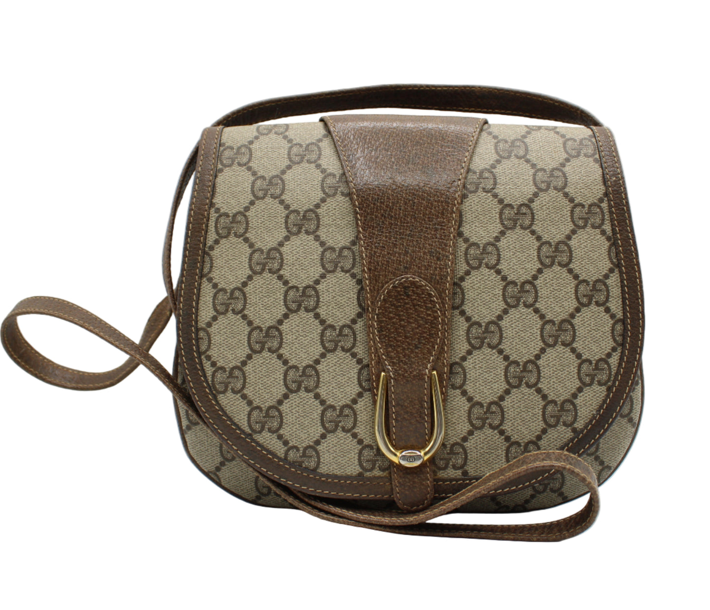 Gucci Brown GG Canvas Leather Horsebit Flap Crossbody Bag Designer handbag with monogram pattern on a white background