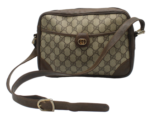Gucci Brown GG Canvas Leather Trim Crossbody Shoulder Bag Brown and beige patterned handbag on a white background