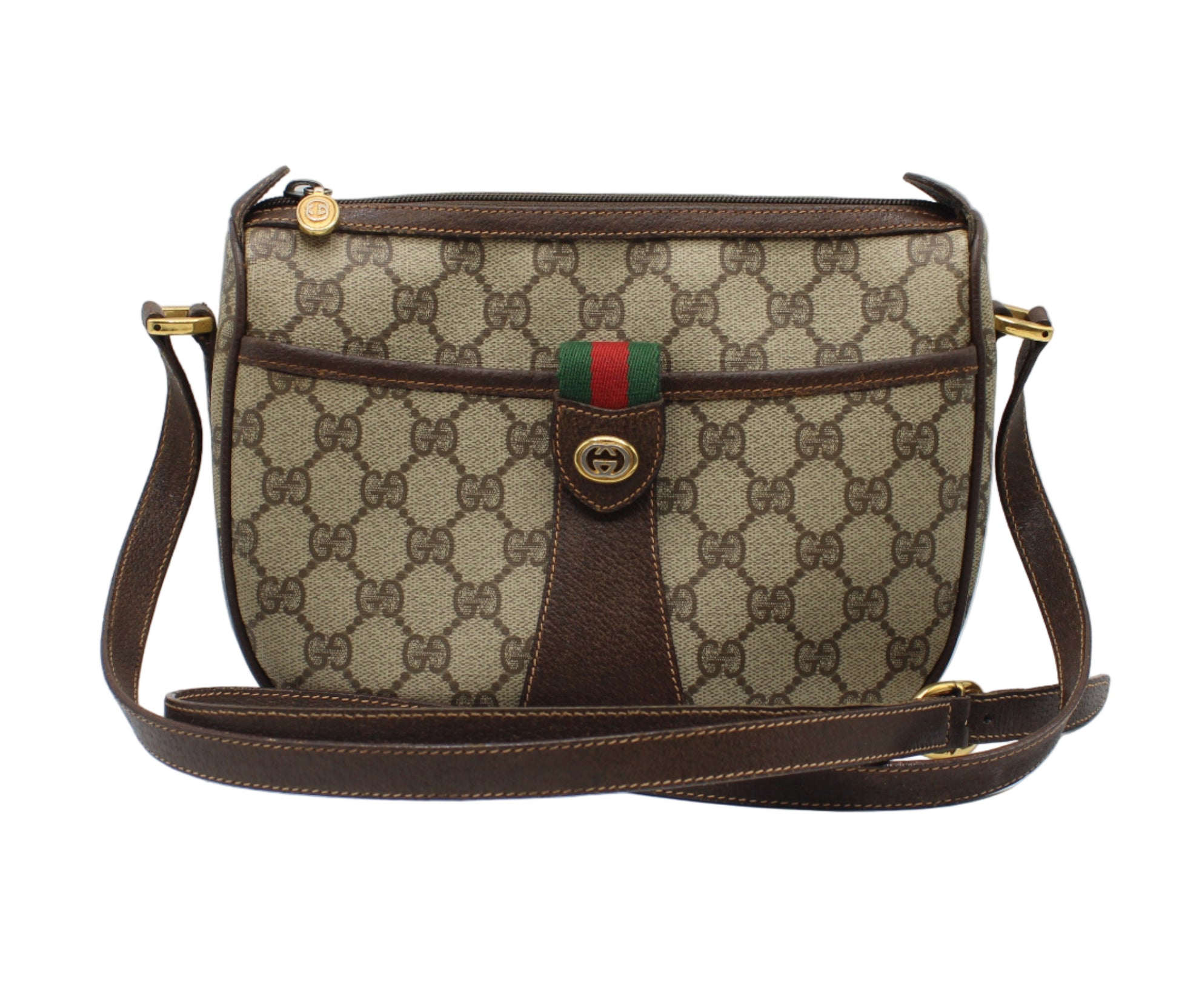  Gucci Brown GG Supreme Canvas Leather Trim Crossbody Bag Designer handbag with patterned fabric and brown leather accents on a white background