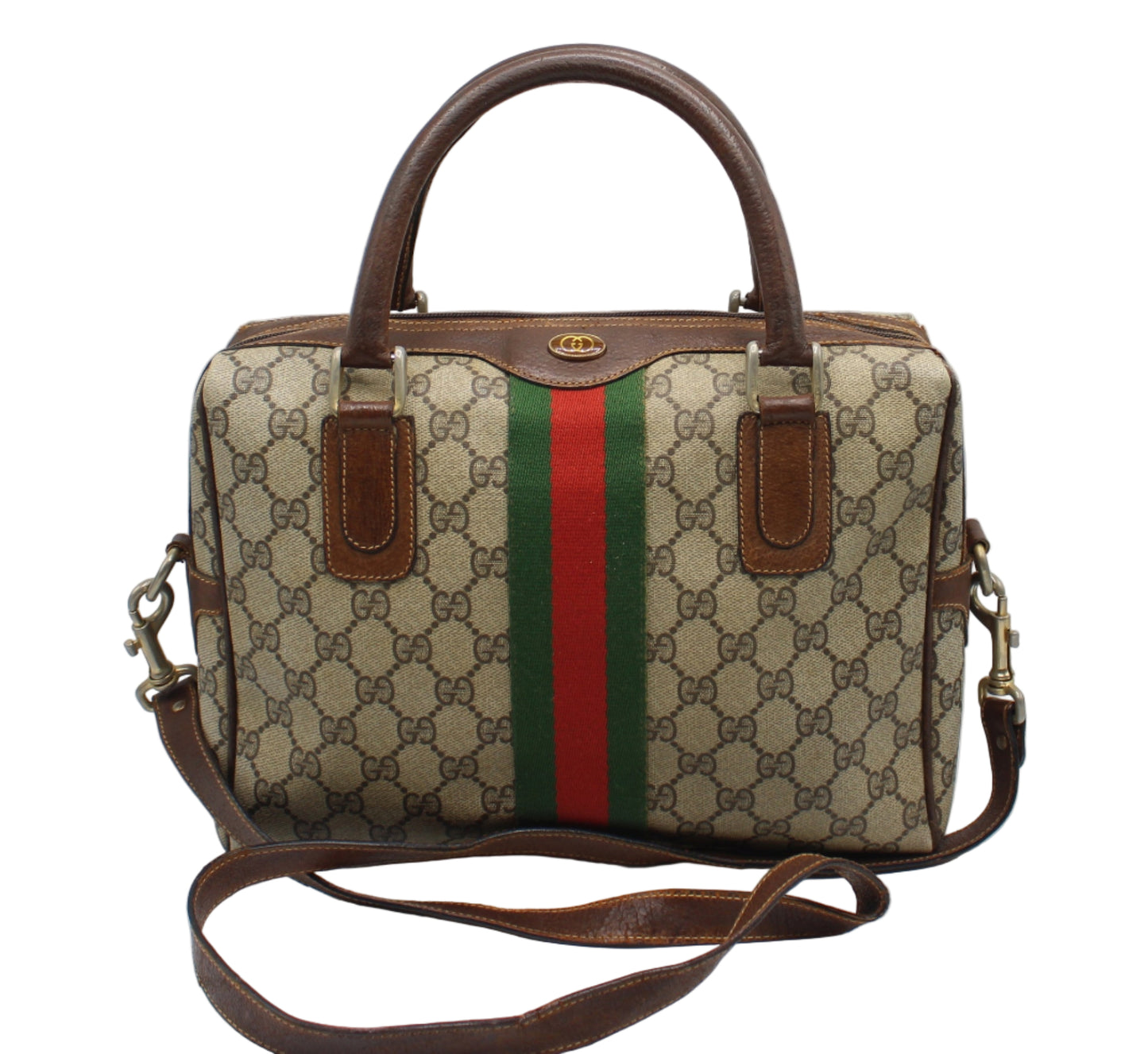 Gucci Brown GG Supreme Canvas Ophidia Boston Crossbody Bag Designer handbag with brown leather straps and a distinctive pattern on a white background