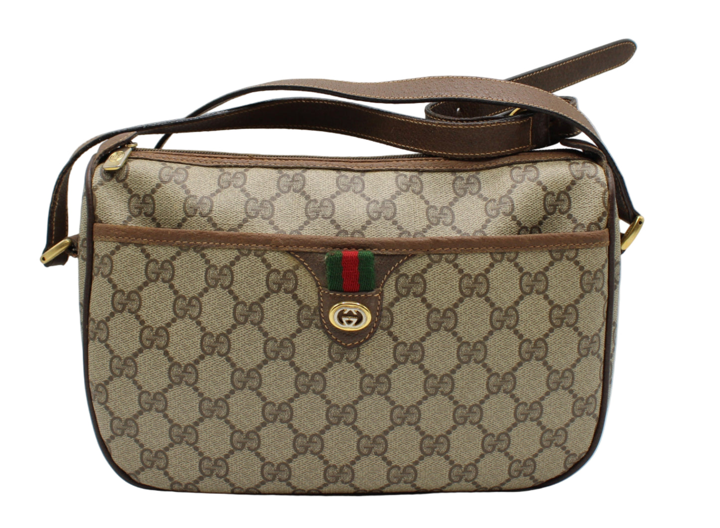 Gucci Brown GG Supreme Canvas Ophidia Leather Crossbody Bag Beige Gucci handbag with brown strap on a white background