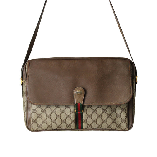 Gucci Brown GG Supreme Leather Flap Over Large Crossbody Bag