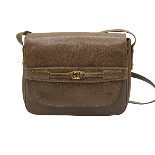 Gucci Brown Leather Shoulder Bag with Metal Logo on Flap