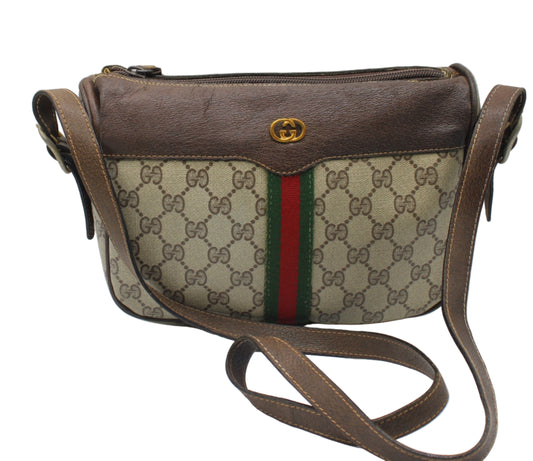Gucci Brown Leather Trim GG Supreme Canvas Crossbody Bag