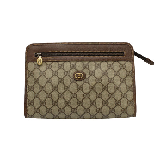 Gucci GG Brown Monogram Canvas Leather Zip Clutch Bag