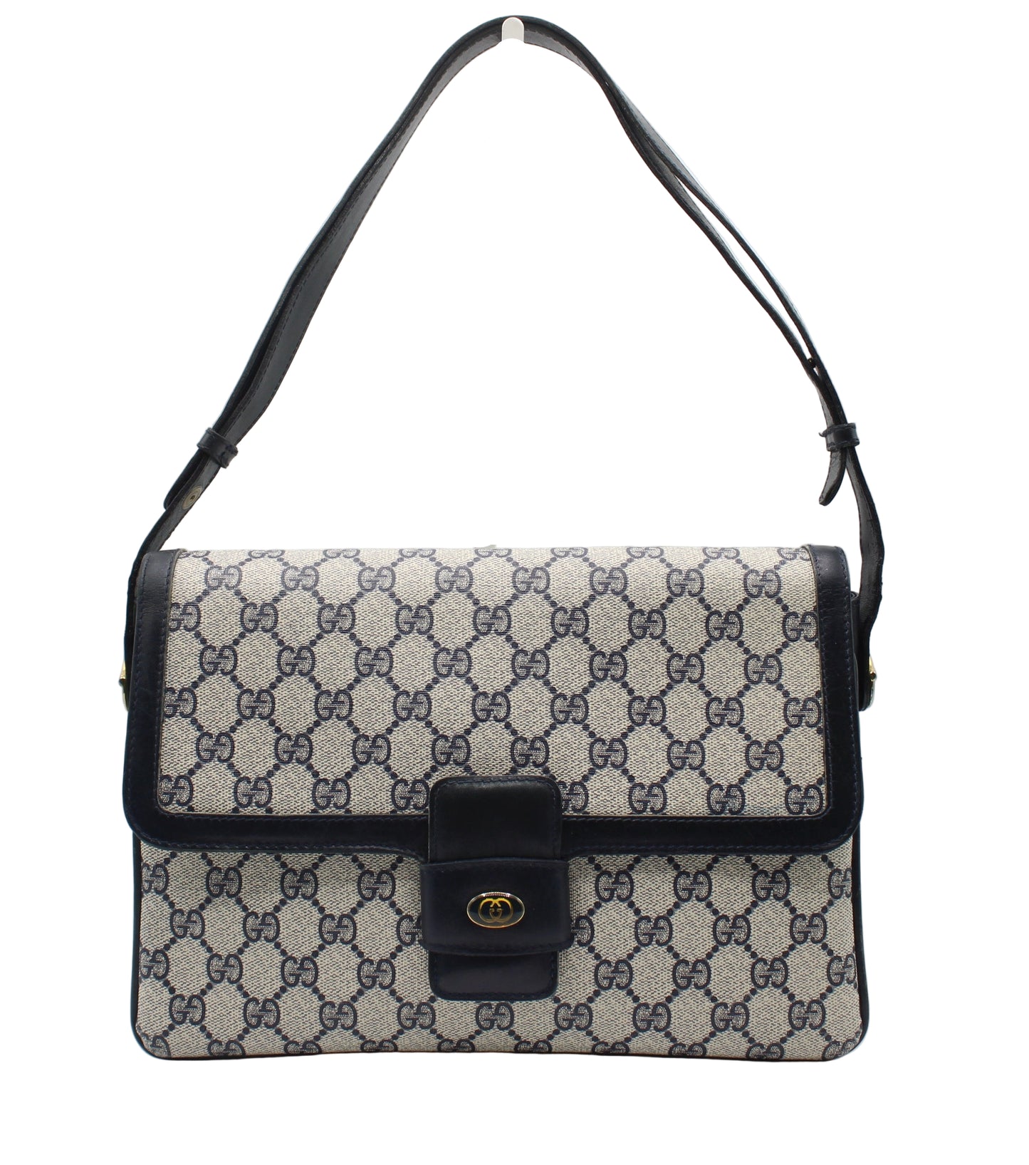 Gucci Navy GG Canvas Leather Flap Shoulder Bag Designer handbag with patterned fabric and black accents on a white background