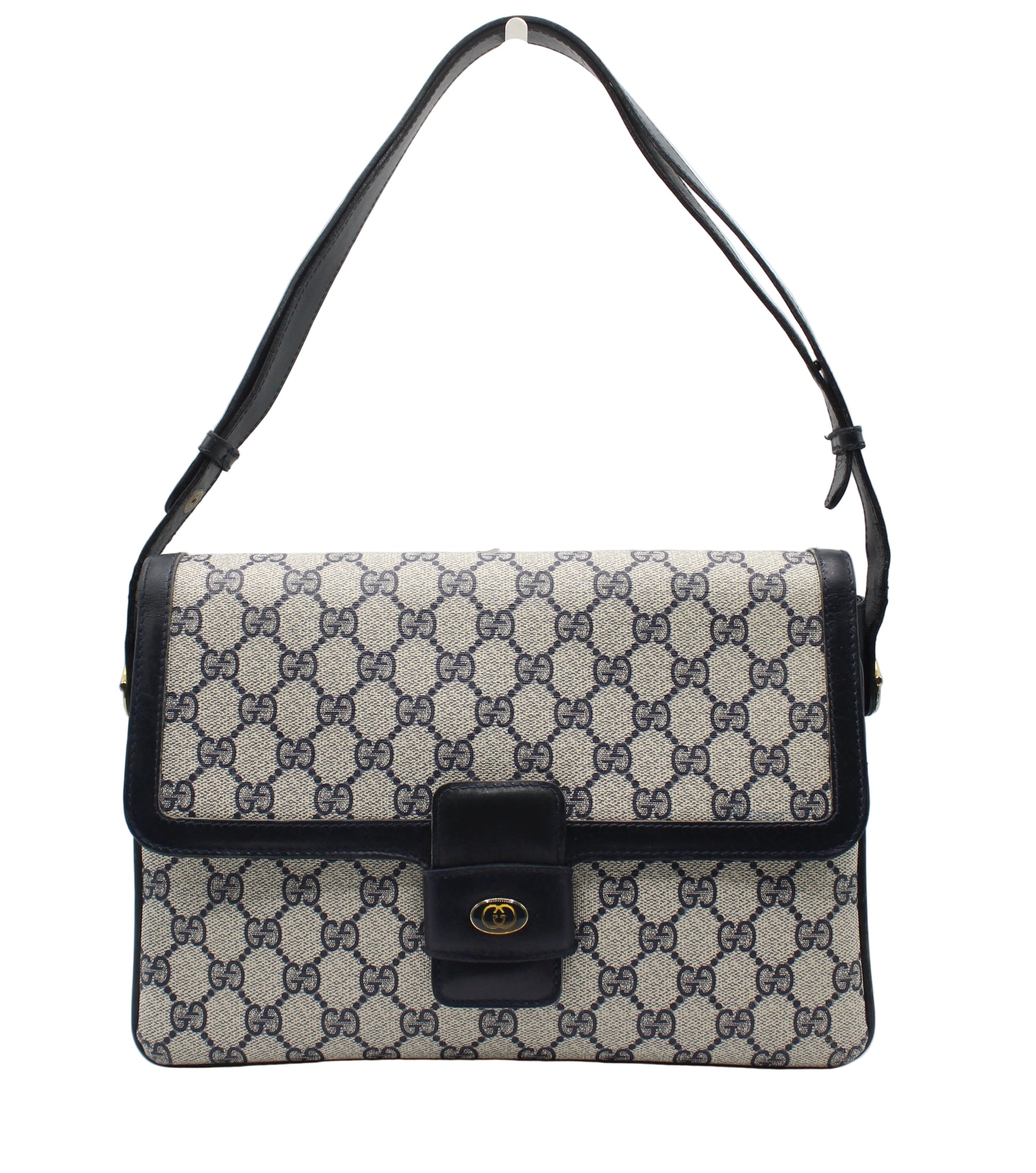 Gucci Navy GG Canvas Leather Flap Shoulder Bag Designer handbag with patterned fabric and black accents on a white background
