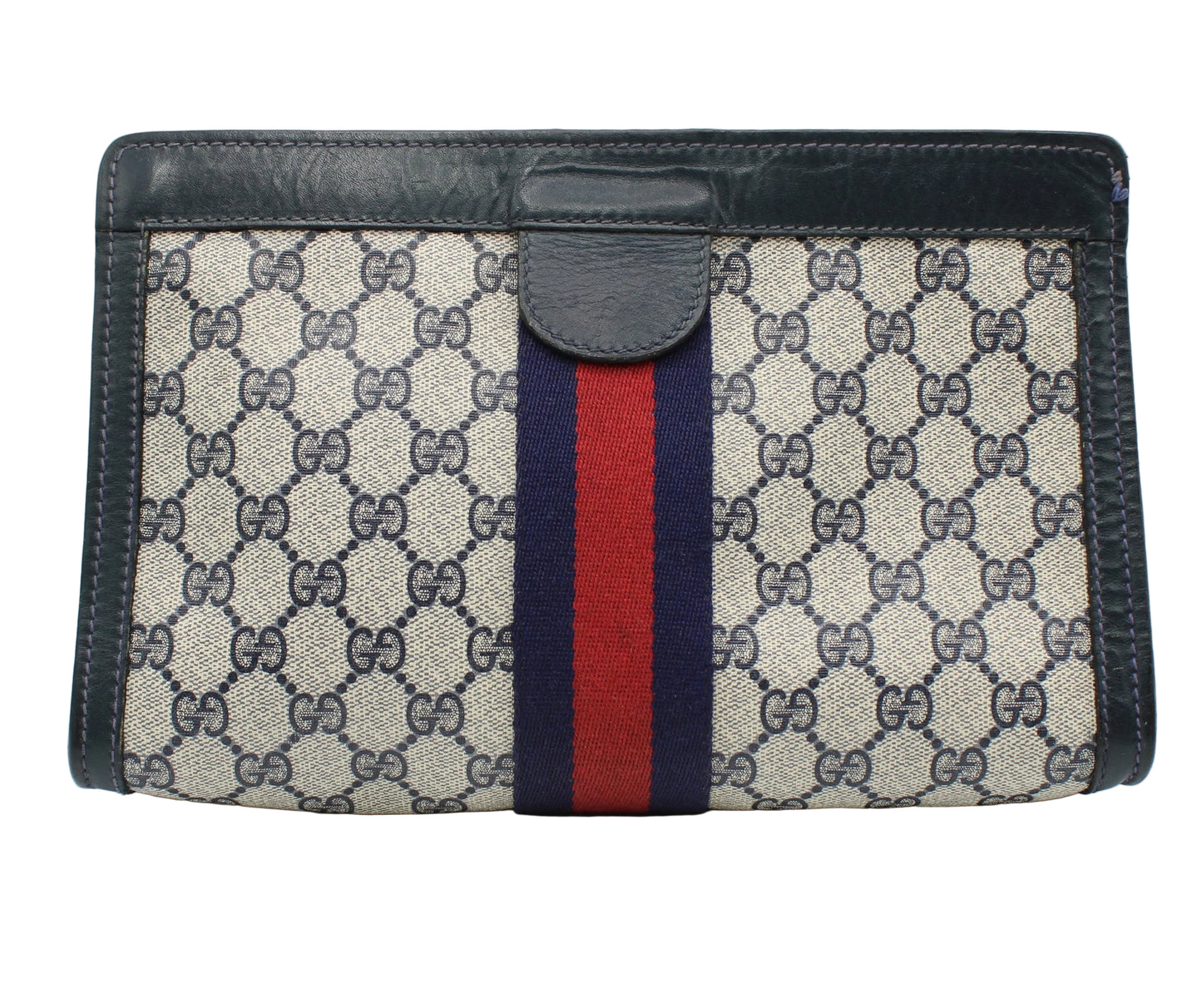 Gucci Navy GG Canvas Sherry Stripe Clutch Designer wallet with patterned design and red and blue stripe on a white background