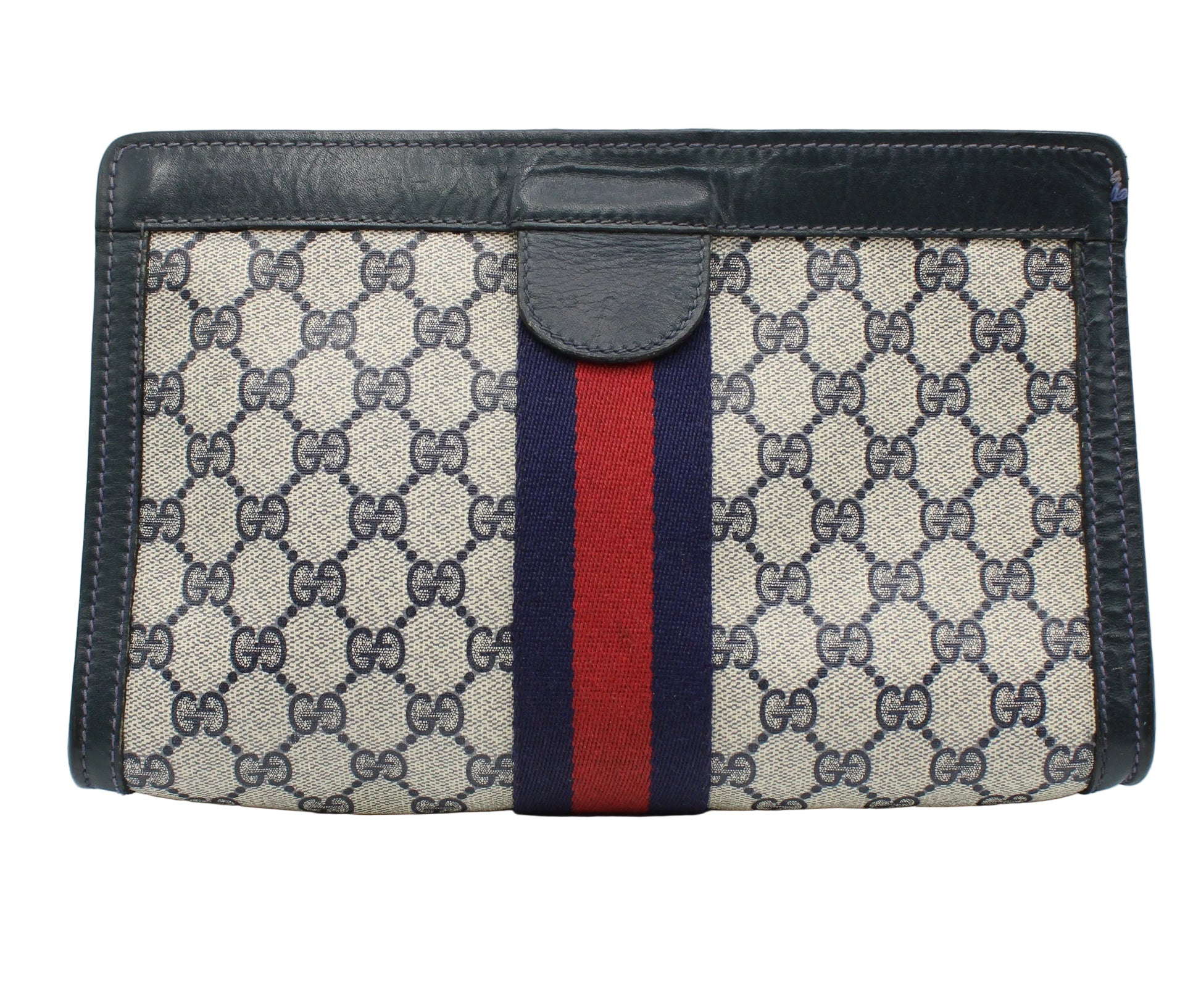 Gucci Navy GG Canvas Sherry Stripe Clutch Designer wallet with patterned design and red and blue stripe on a white background