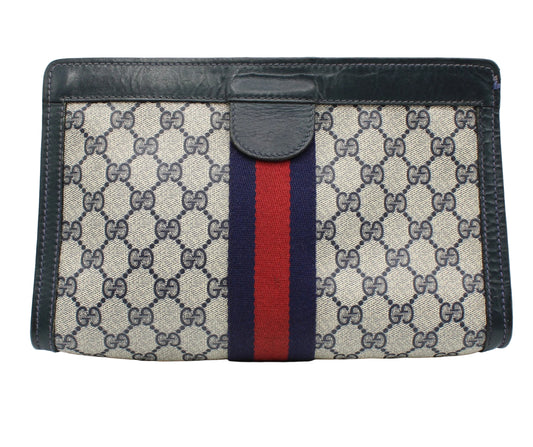 Gucci Navy GG Canvas Sherry Stripe Clutch Designer wallet with patterned design and red and blue stripe on a white background