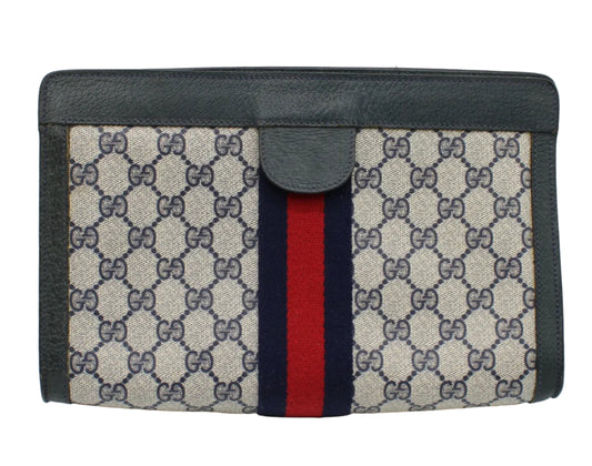 Gucci Navy GG Supreme Canvas Sherry Web Clutch Designer wallet with patterned design and red stripe on a white background