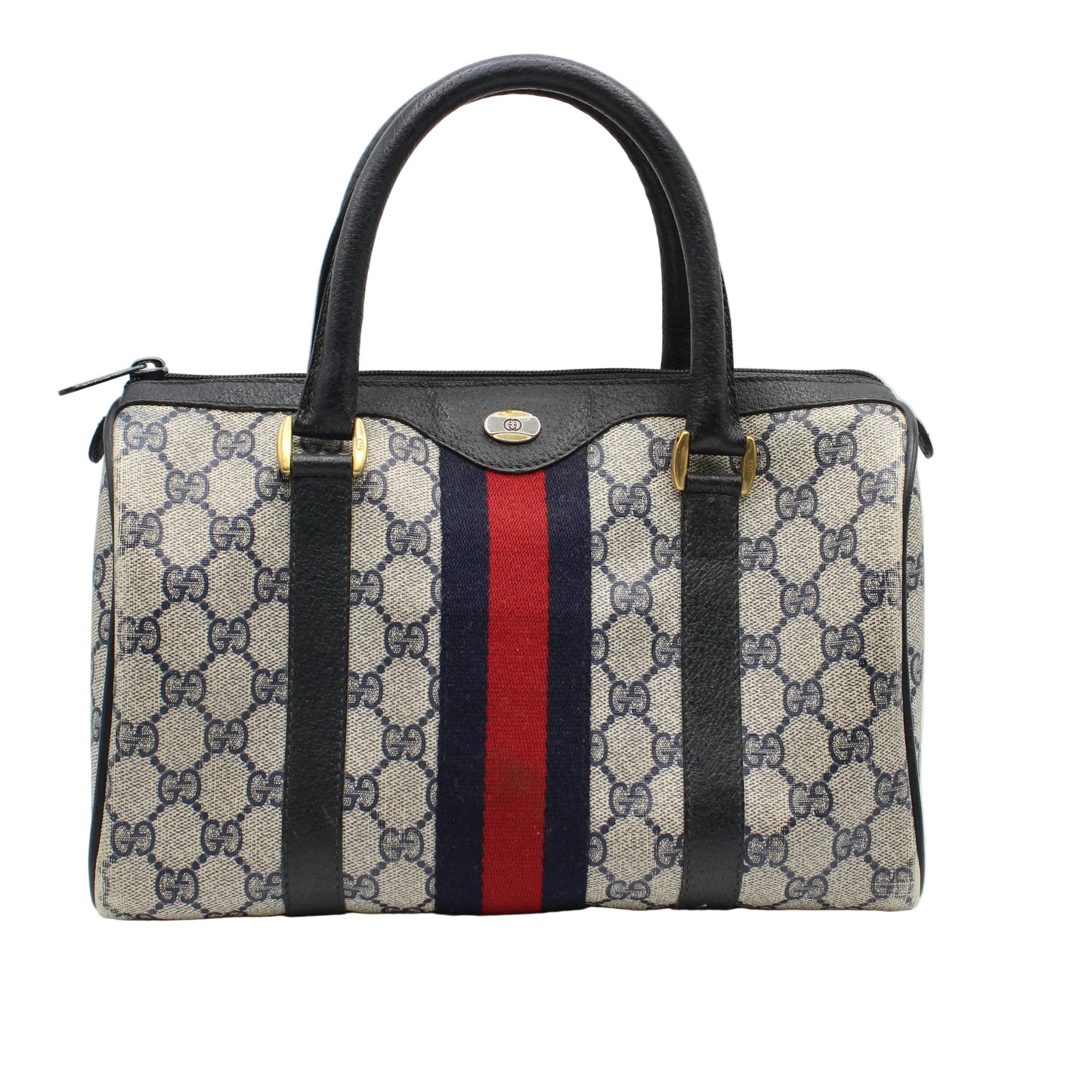 Gucci Navy GG Supreme Web Stripe Canvas Boston Bag Designer handbag with patterned body and black handle on a white background