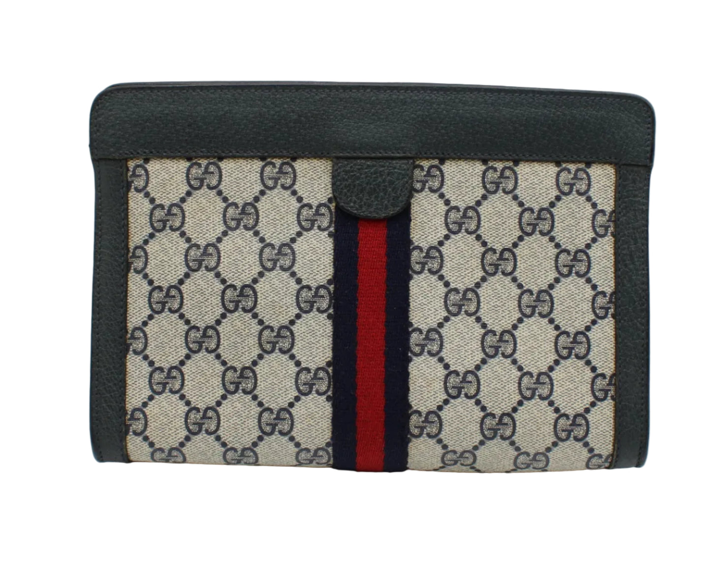 Gucci Navy Leather Monogram Sherry Line Clutch Designer wallet with patterned flap and red stripe on a light gray background
