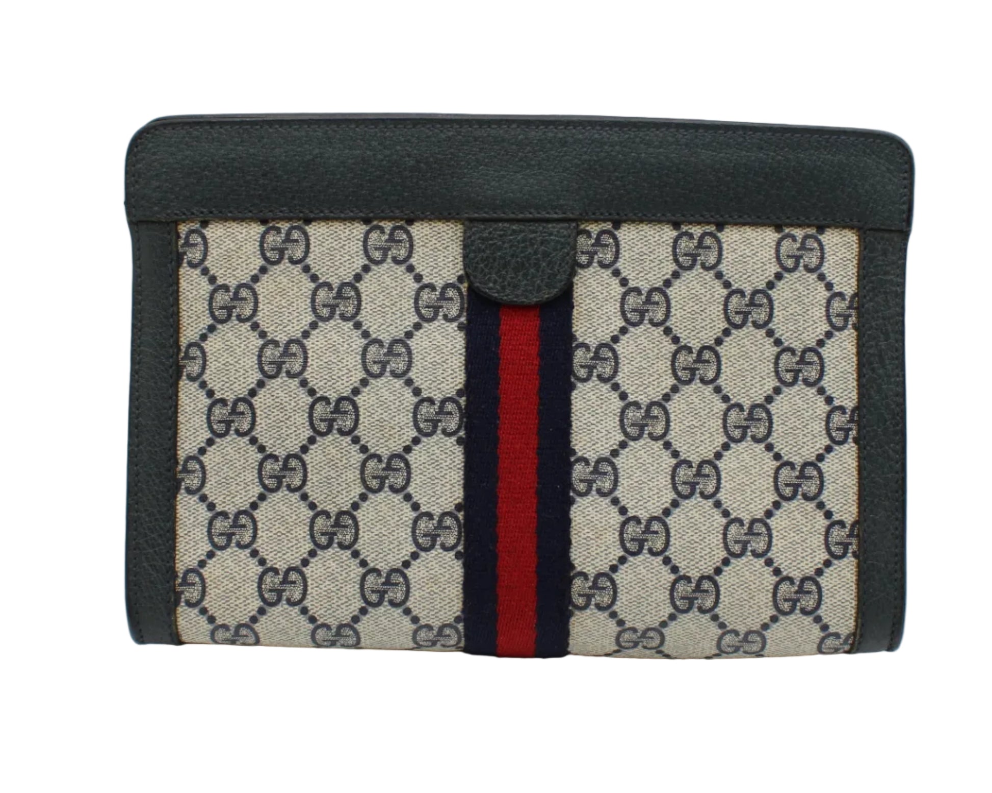 Gucci Navy Leather Monogram Sherry Line Clutch Designer wallet with patterned flap and red stripe on a light gray background