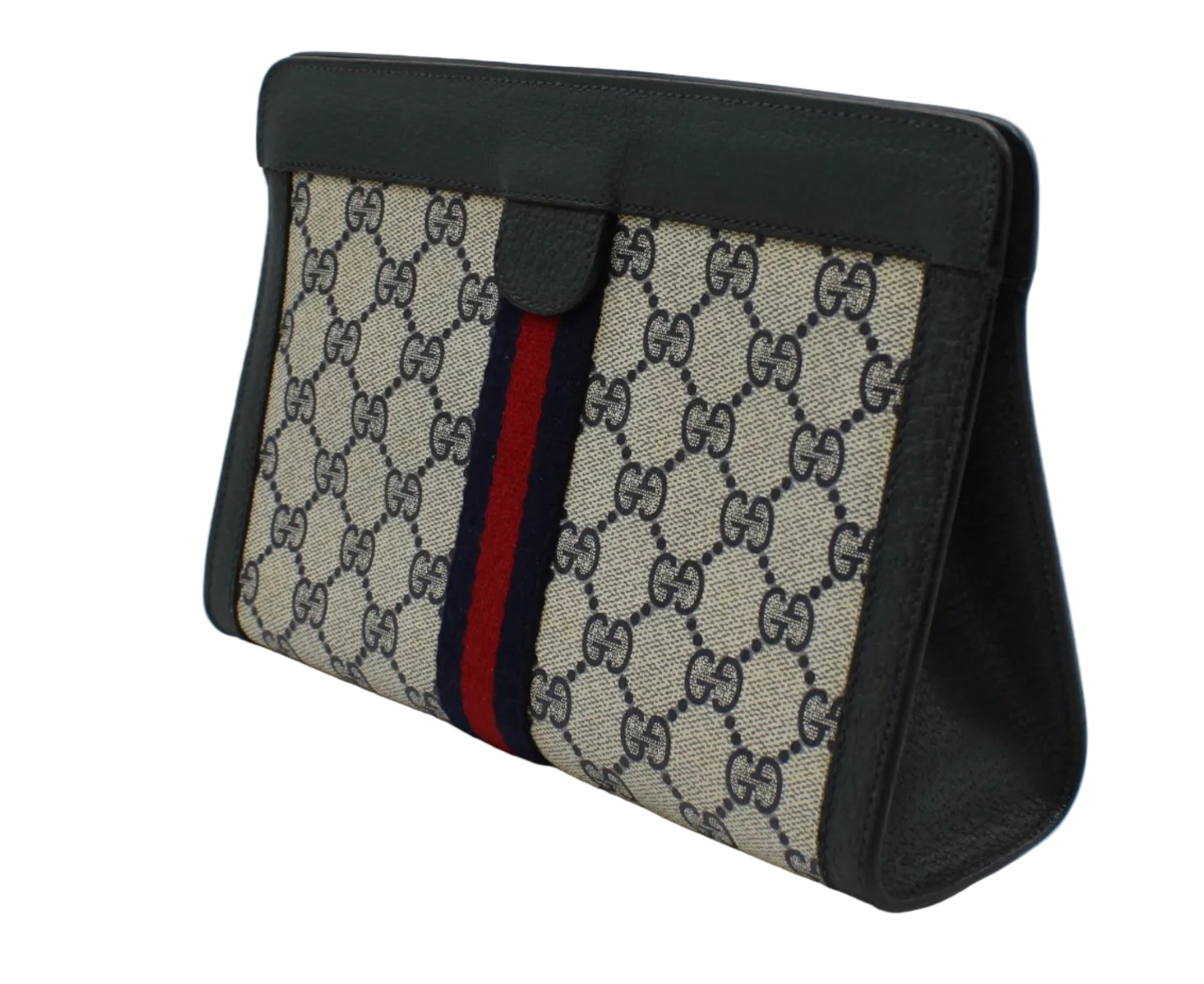 Designer handbag with patterned flap on a light gray background Gucci Navy Leather Monogram Sherry Line Clutch side