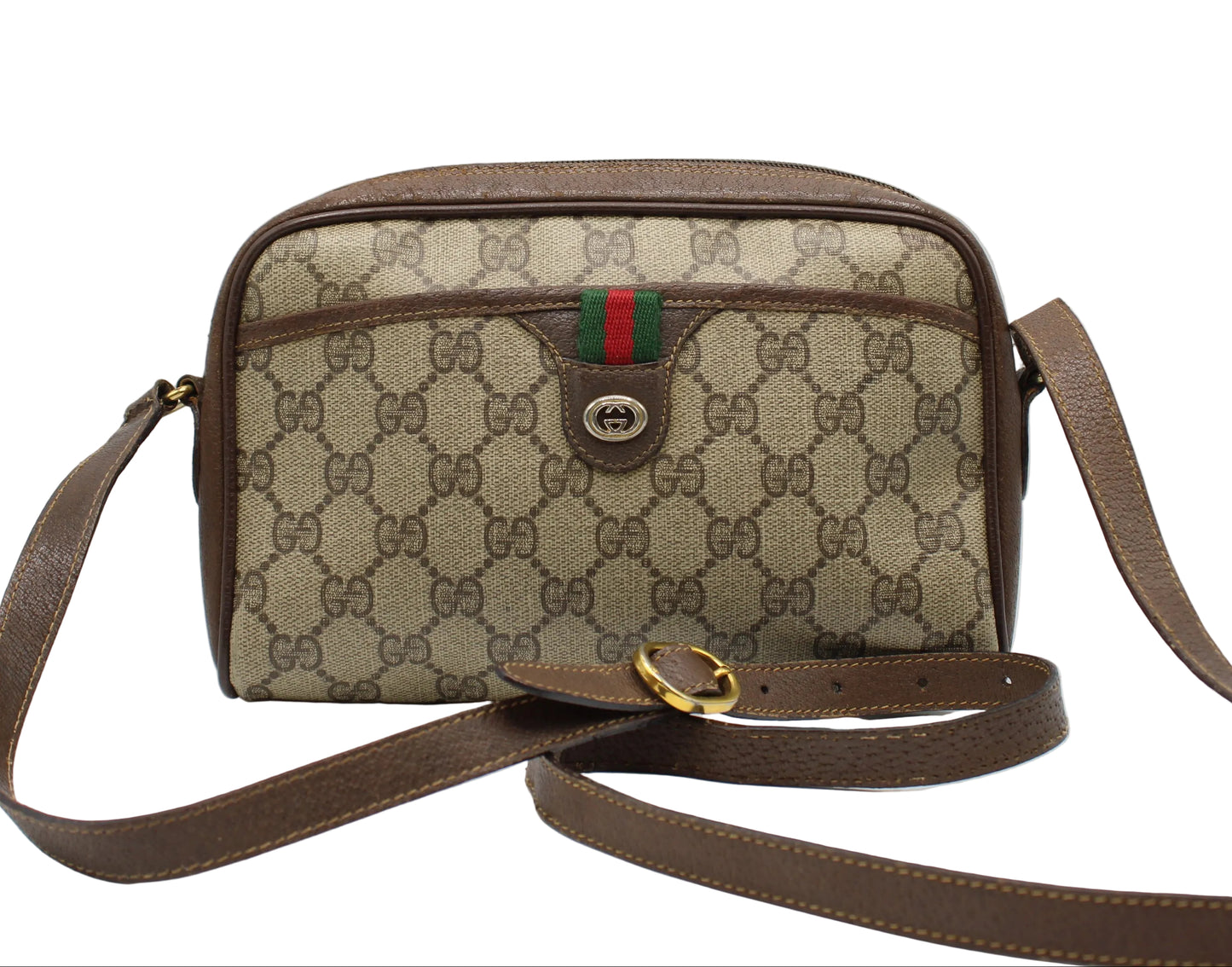 Gucci Ophidia Beige GG Supreme Canvas Brown Leather Crossbody Bag