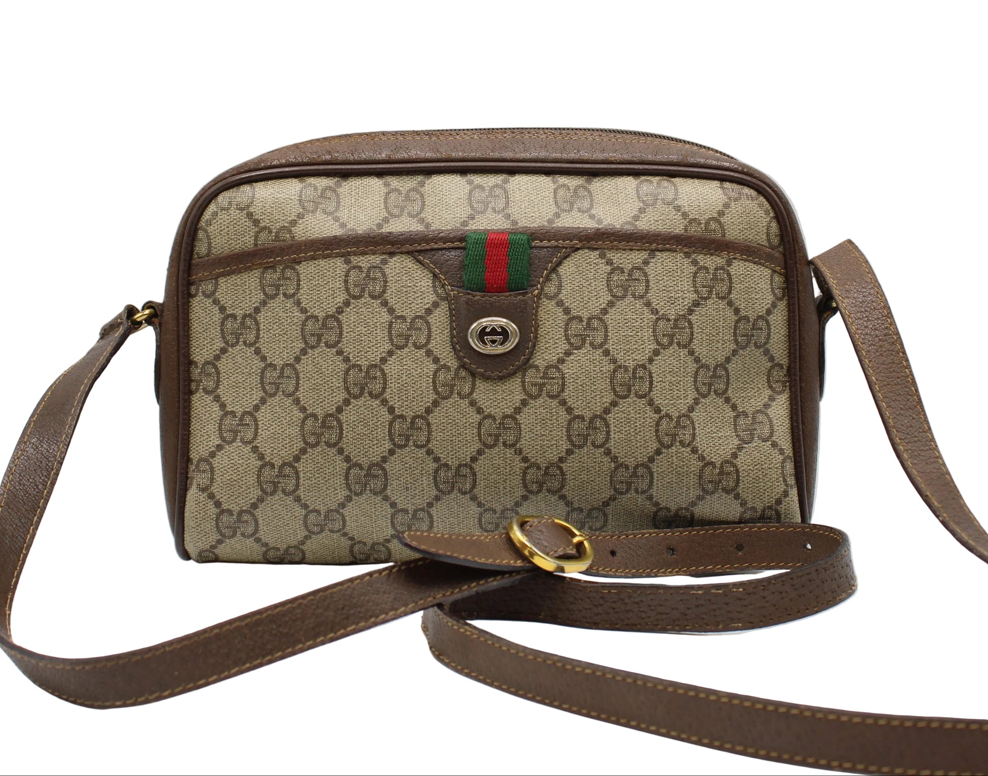 Gucci Ophidia Beige GG Supreme Canvas Brown Leather Crossbody Bag