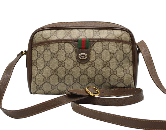 Gucci Ophidia Beige GG Supreme Canvas Brown Leather Crossbody Bag