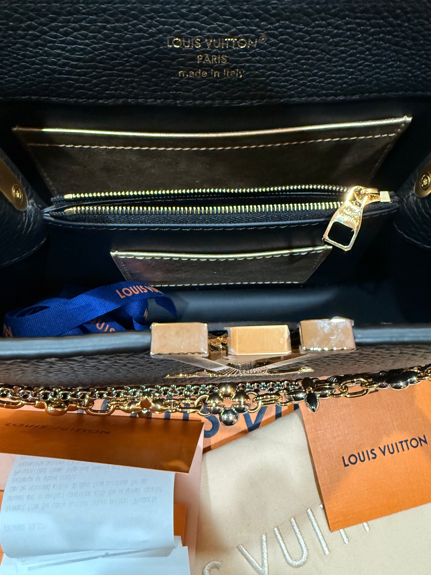 Louis Vuitton Black Taurillon Leather Capucines MM Chain On You Bag