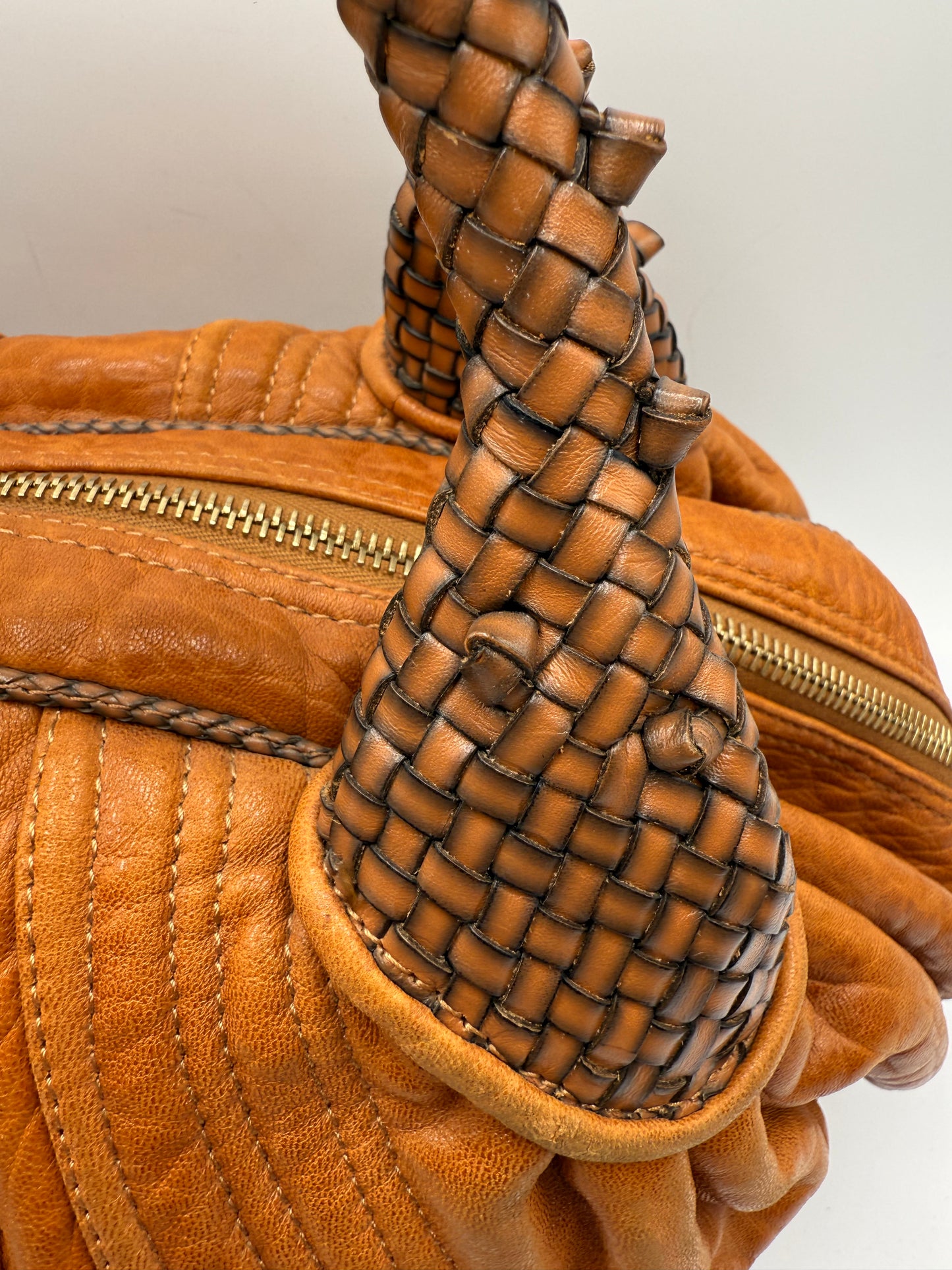 Fendi Cognac Leather Baby Spy Woven Satchel