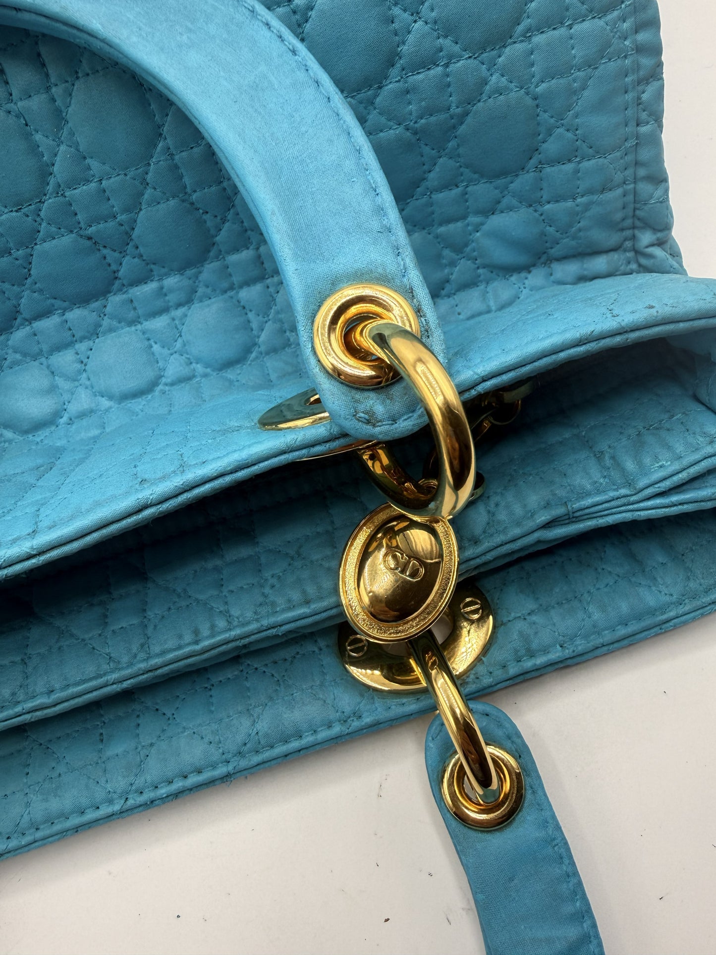 Christian Dior Turquoise Cannage Quilted Cloth Lady Dior Hand Bag