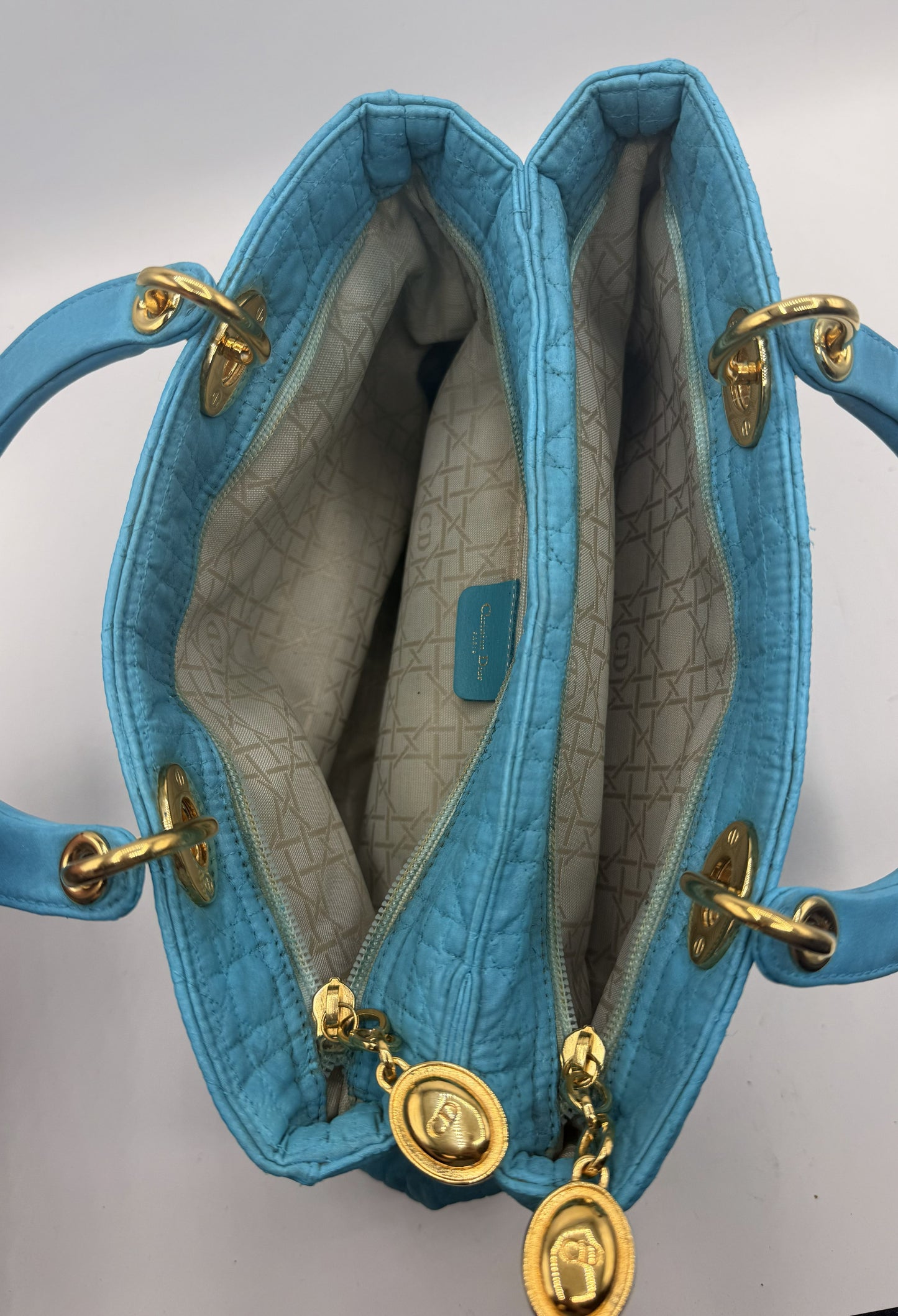 Christian Dior Turquoise Cannage Quilted Cloth Lady Dior Hand Bag