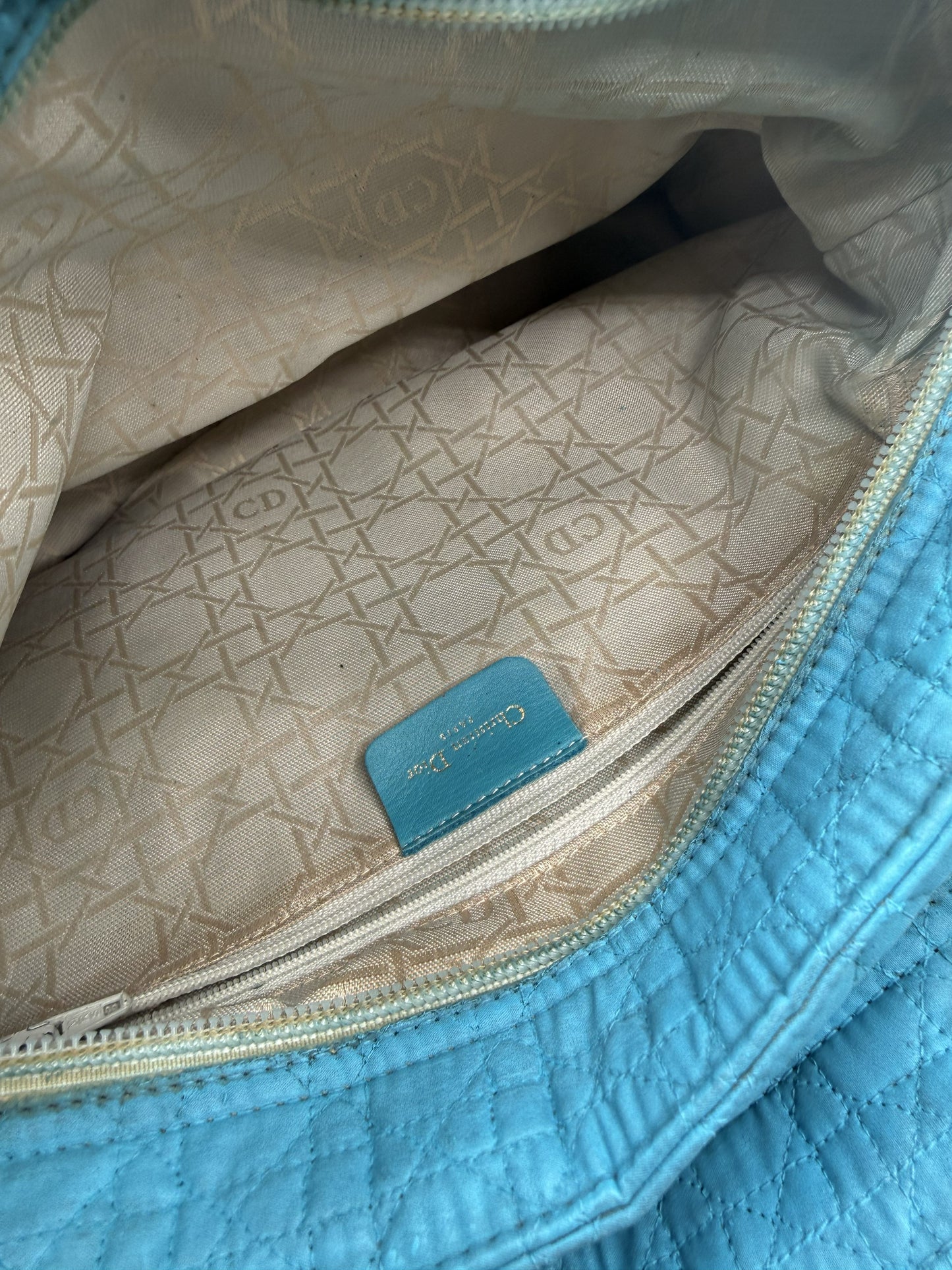 Christian Dior Turquoise Cannage Quilted Cloth Lady Dior Hand Bag