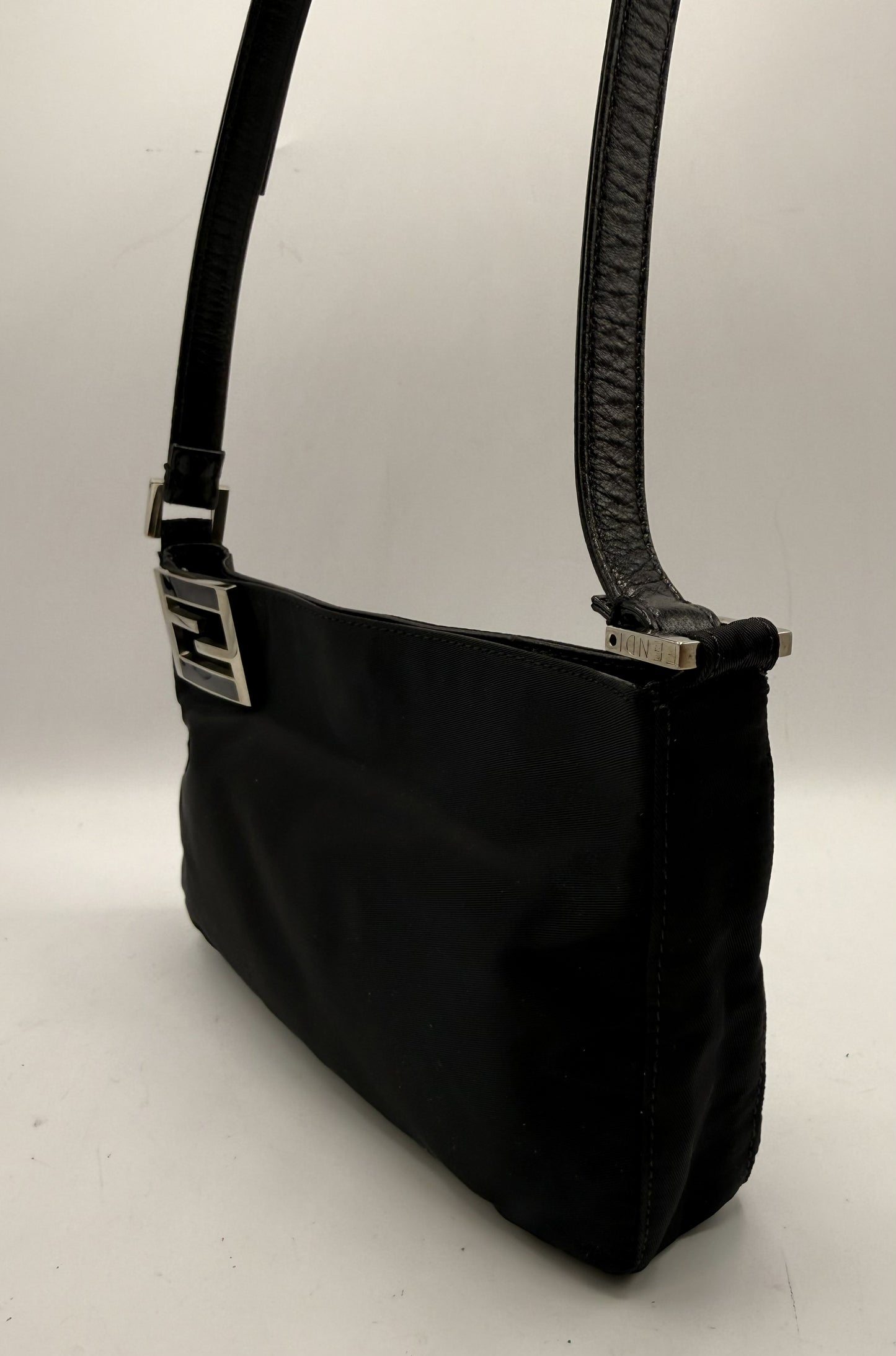 Fendi Black Nylon Leather FF Logo Shoulder Bag