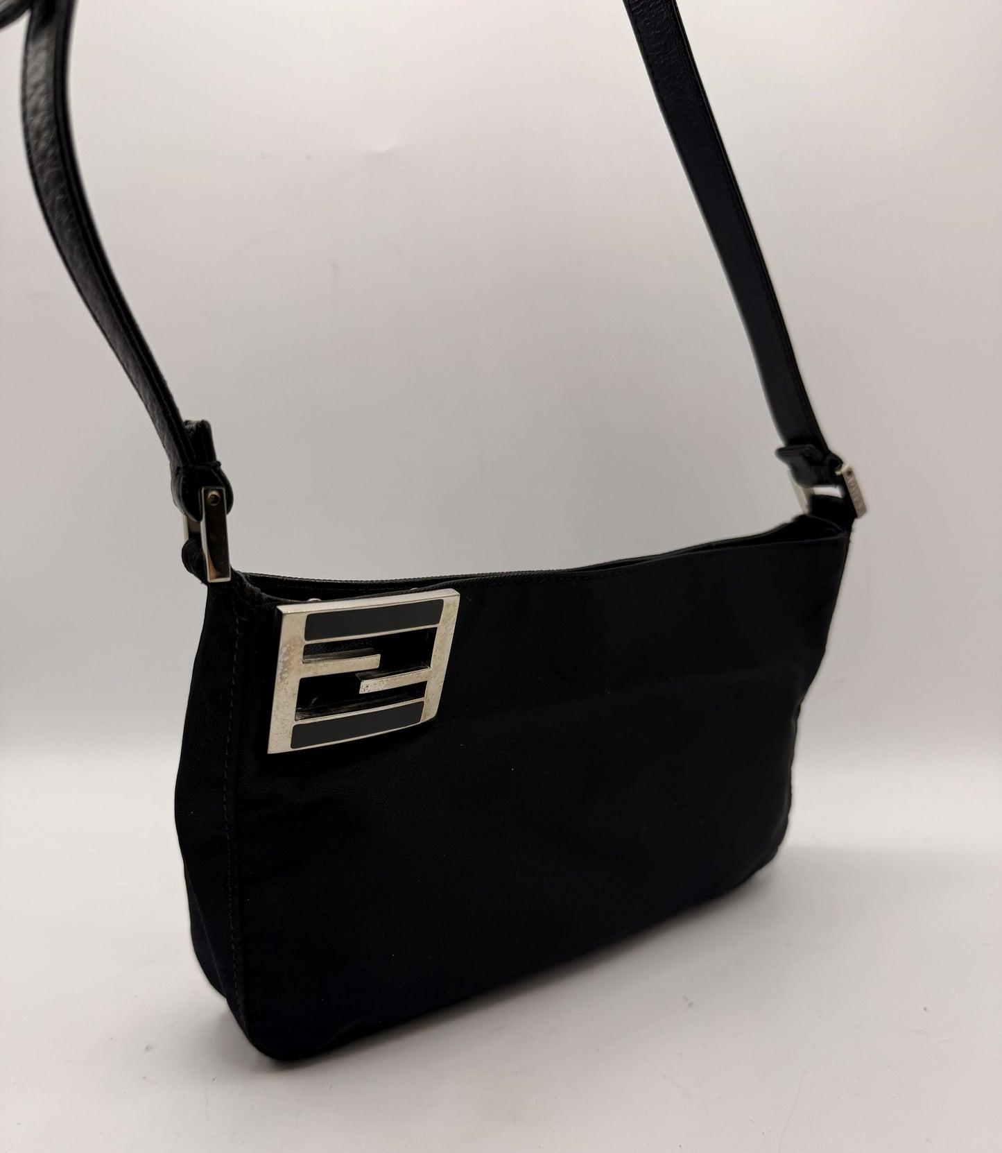 Fendi Black Nylon Leather FF Logo Shoulder Bag