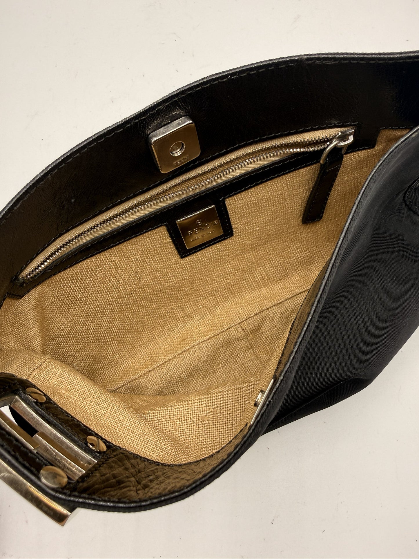 Fendi Black Nylon Leather FF Logo Shoulder Bag