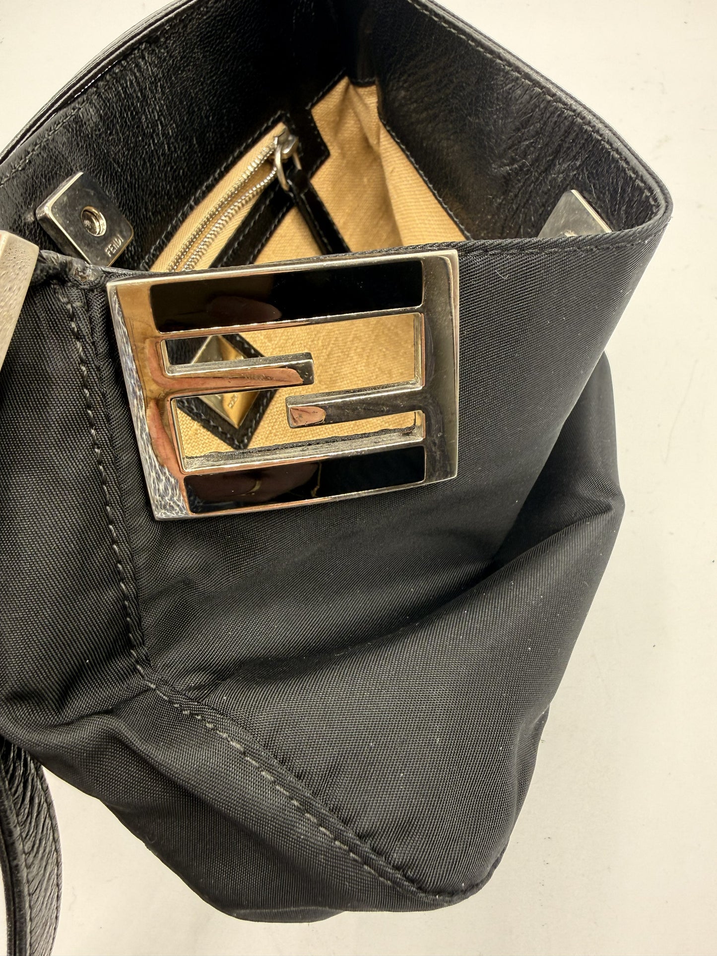 Fendi Black Nylon Leather FF Logo Shoulder Bag