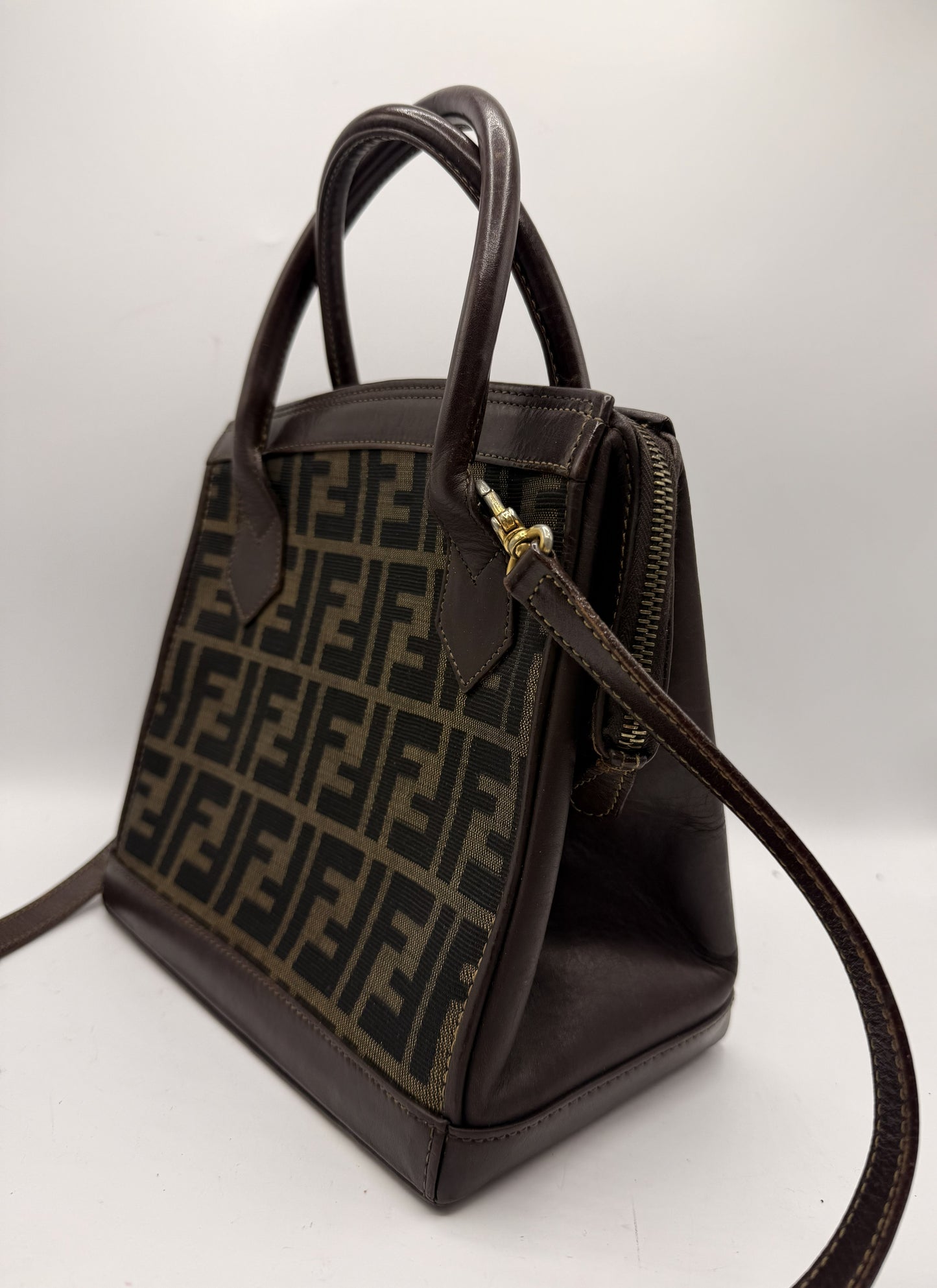 Fendi Brown Zucca Canvas Leather Tote Bag