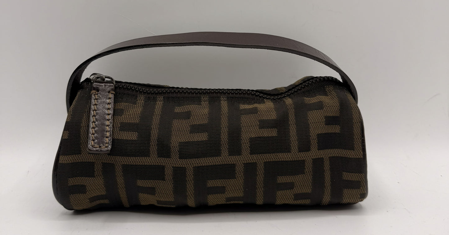 Fendi Brown Zucca Canvas Leather Handle Cylinder Pouch Bag #4