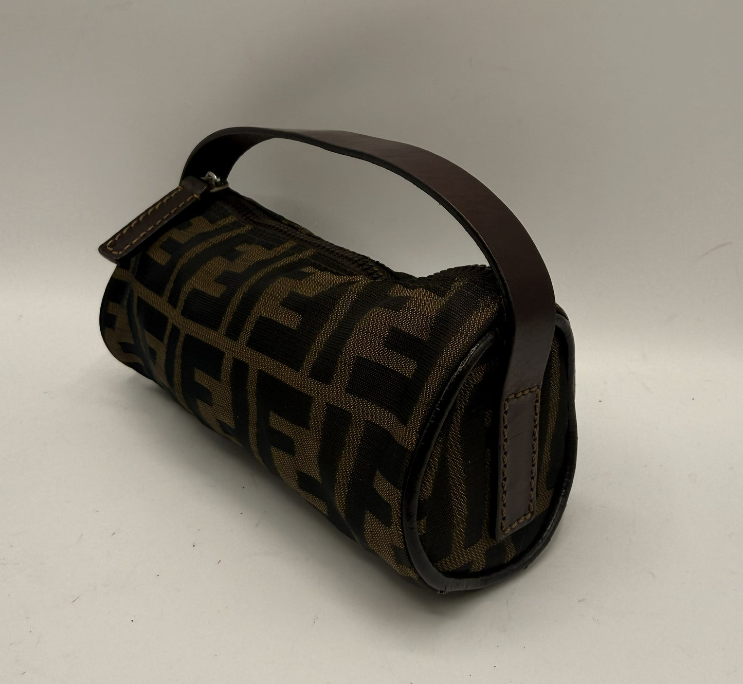 Fendi Brown Zucca Canvas Leather Handle Cylinder Pouch Bag #4