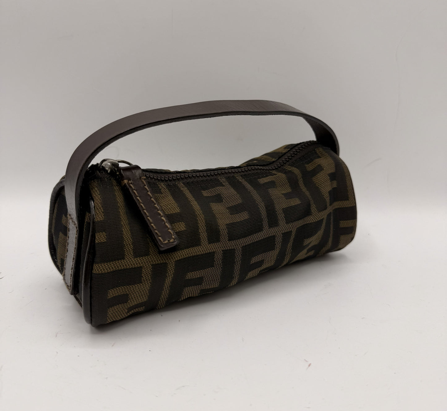 Fendi Brown Zucca Canvas Leather Handle Cylinder Pouch Bag #4