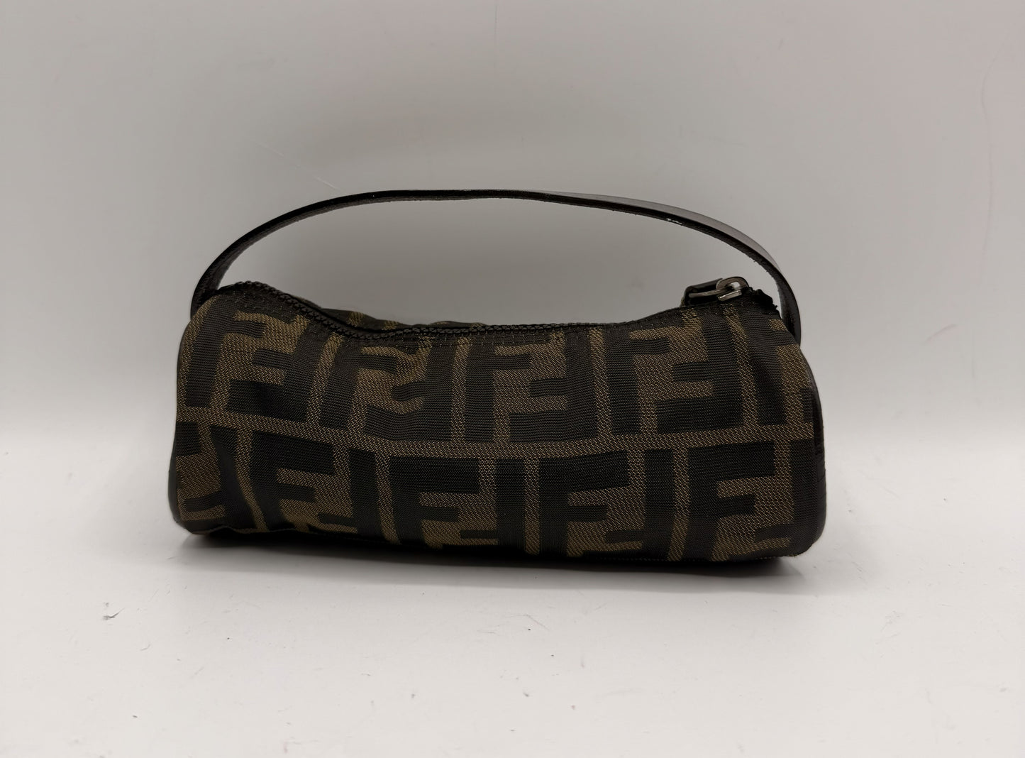 Fendi Brown Zucca Canvas Leather Handle Cylinder Pouch Bag #4