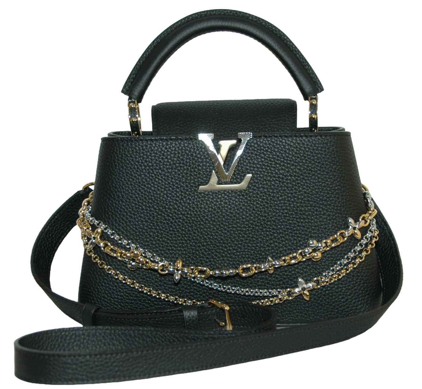 Black handbag with gold chains and Louis Vuitton logo on a white background