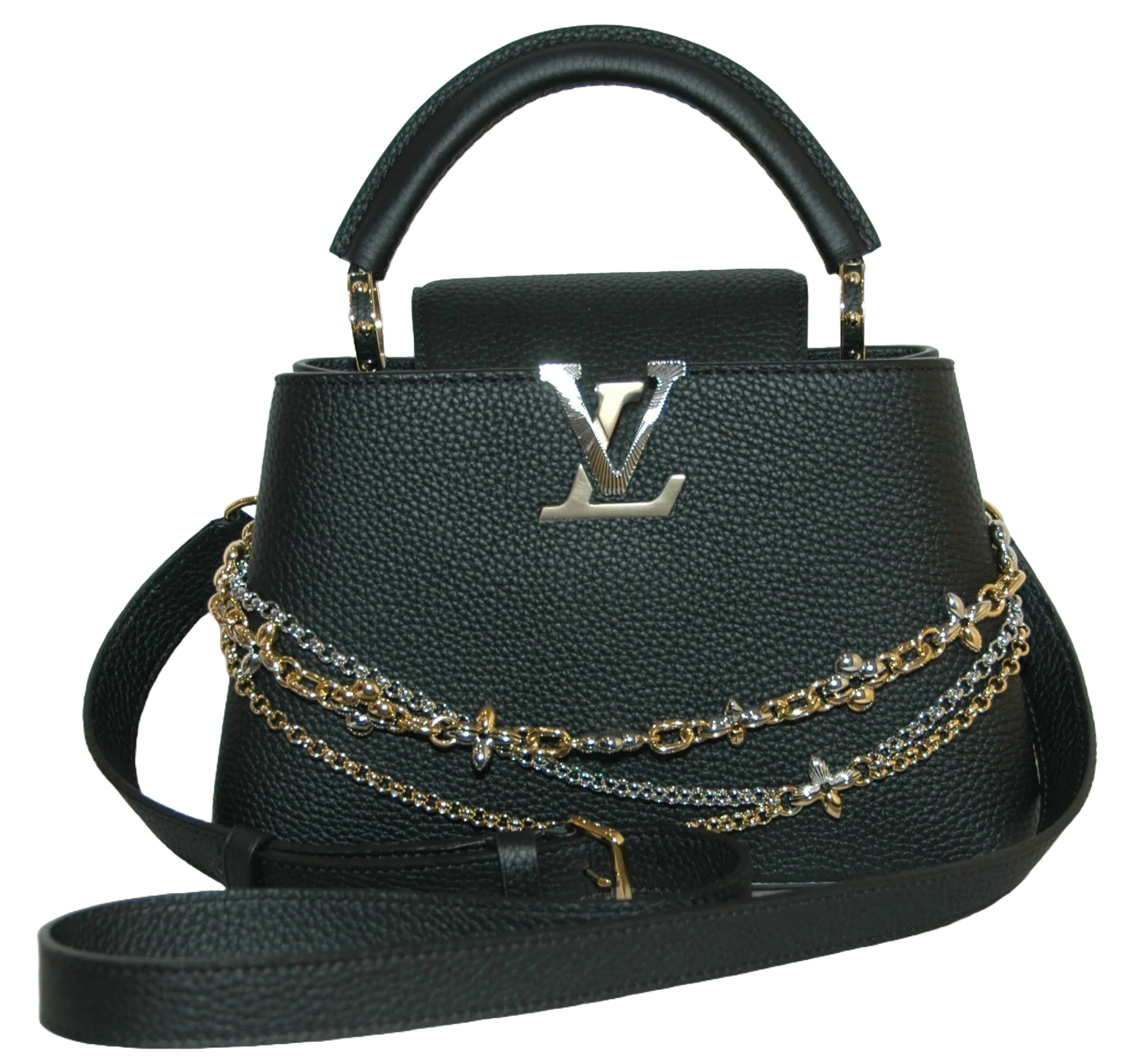 Black handbag with gold chains and Louis Vuitton logo on a white background
