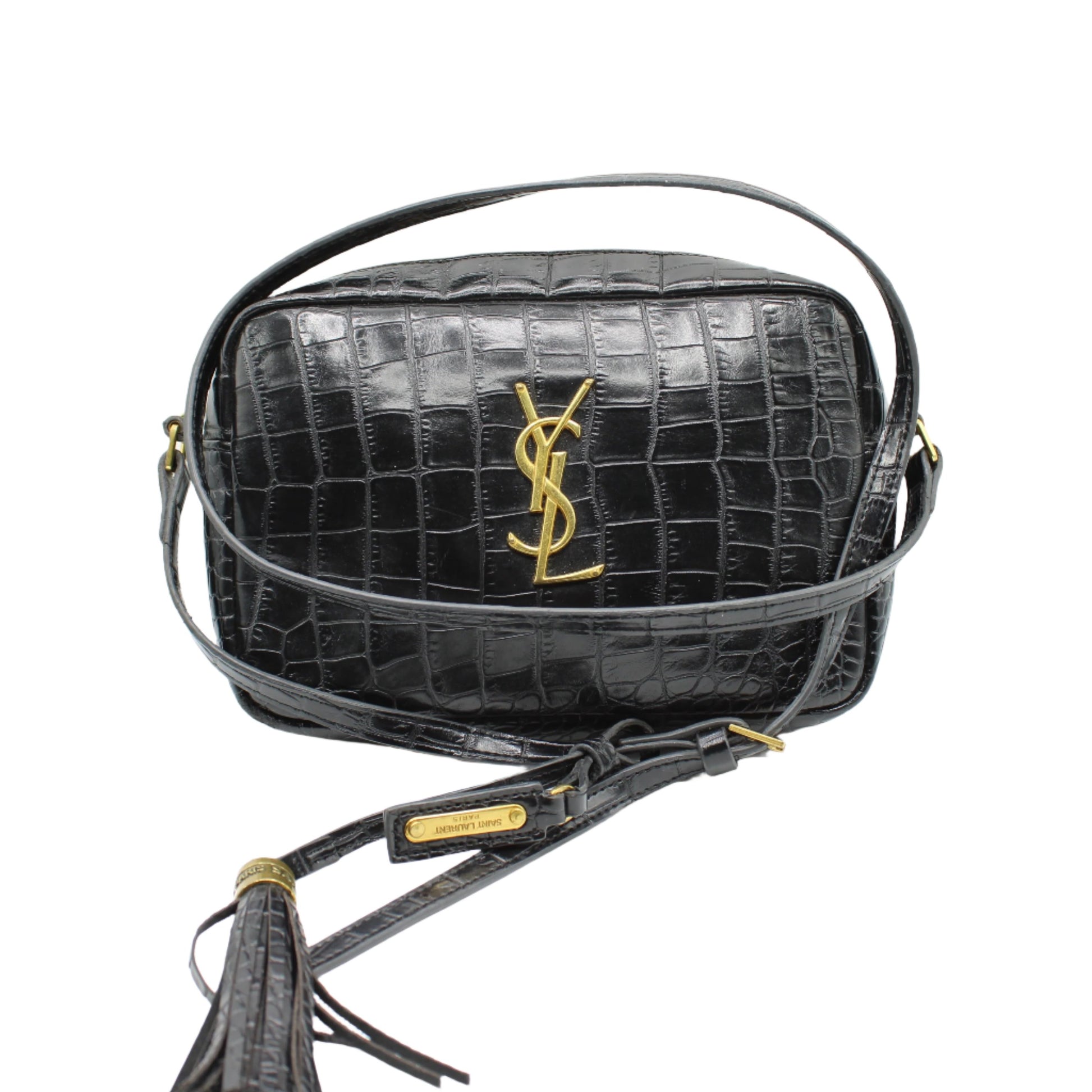 Saint Laurent Black Croc Embossed Matelassé Lou Camera Bag