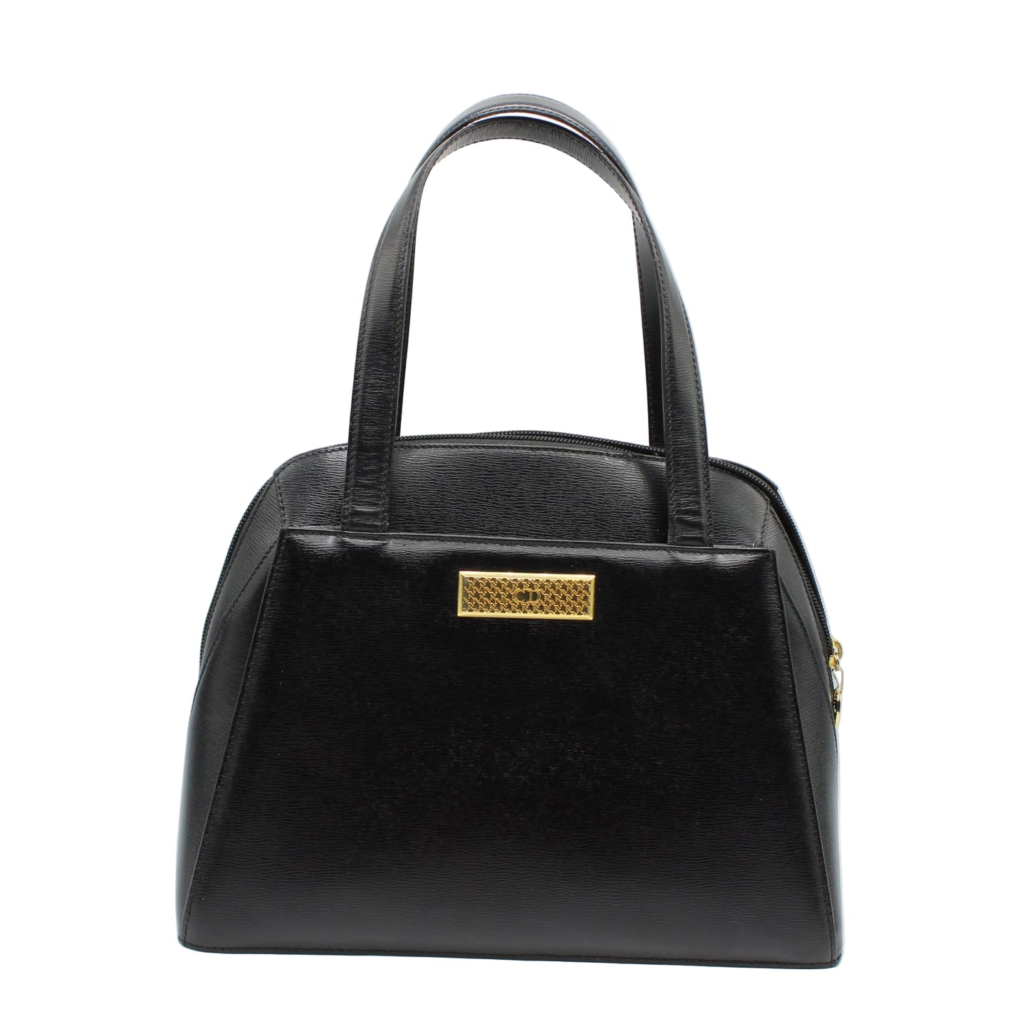 Black handbag with a gold clasp on a white background