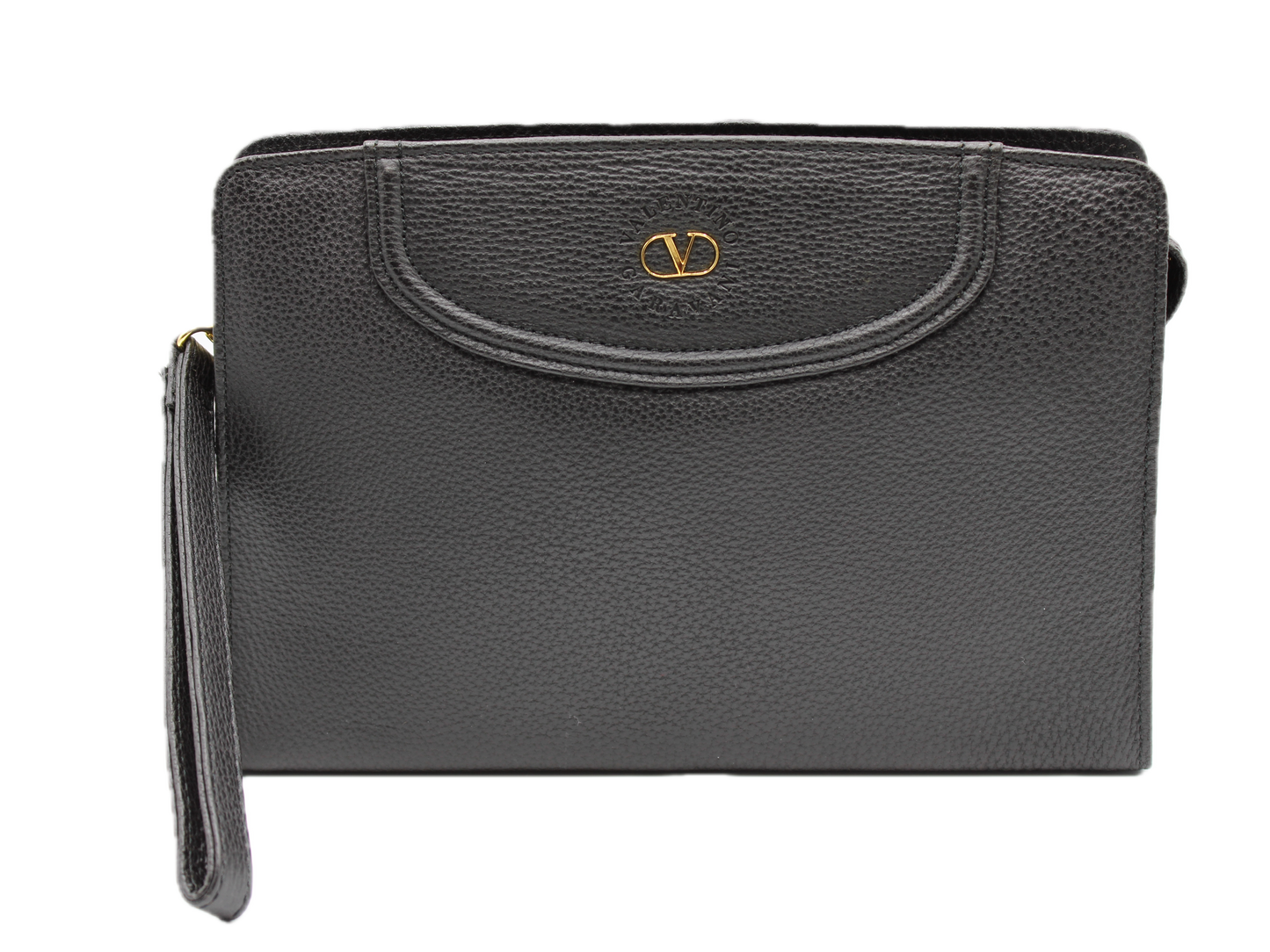 Valentino Garavani Black Leather Zippered Clutch Gold-Tone Logo Wristlet Strap front view