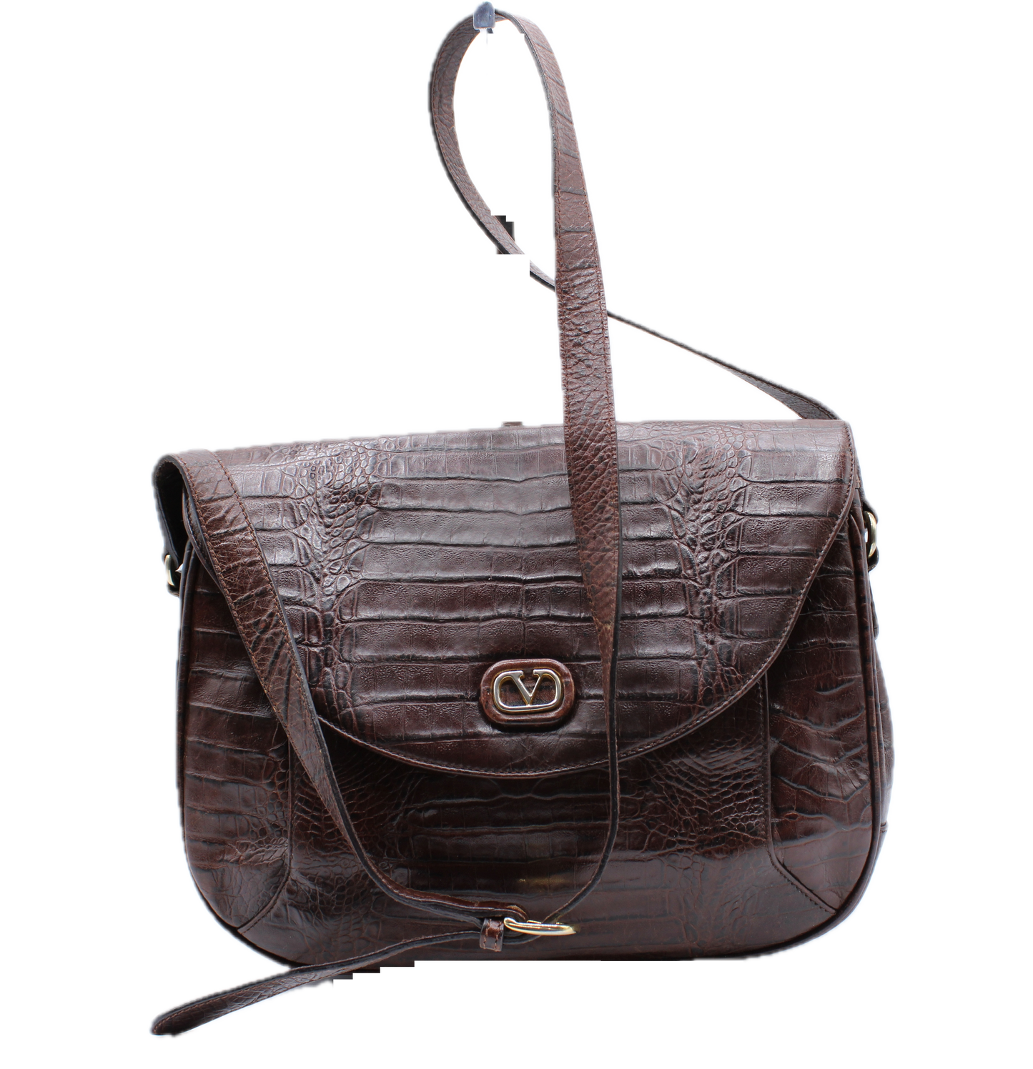 Valentino Garavani Crocodile Embossed Brown VSLING Leather Crossbody Bag front view